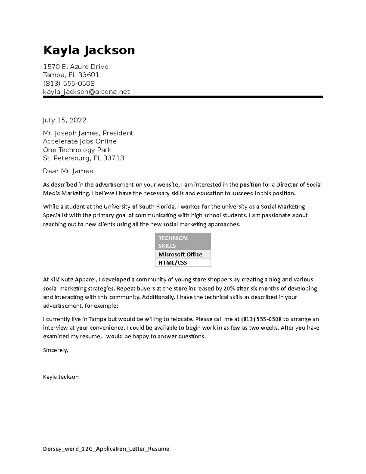 Dorsey Word 12G Application Letter Resume - Kayla Jackson 1570 E. Azure ...