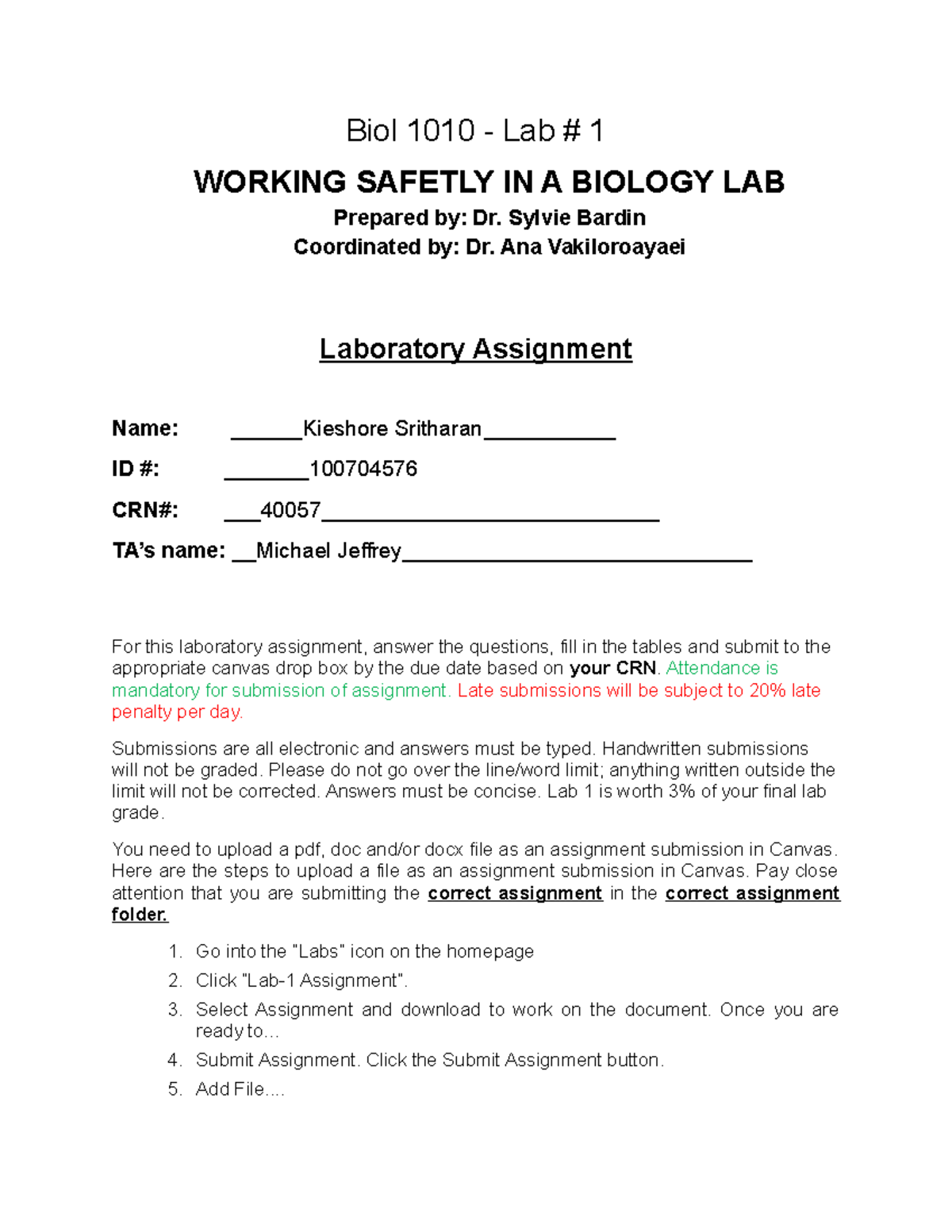 Bio lab 1 - Lab - Biol 1010 - Lab # 1 WORKING SAFETLY IN A BIOLOGY LAB ...