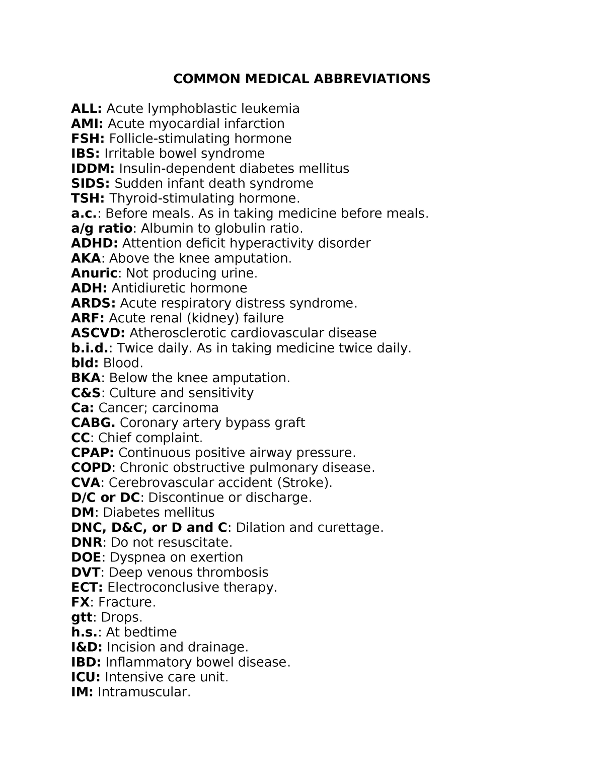 Common- Medical- Abbreviations - COMMON MEDICAL ABBREVIATIONS ALL ...