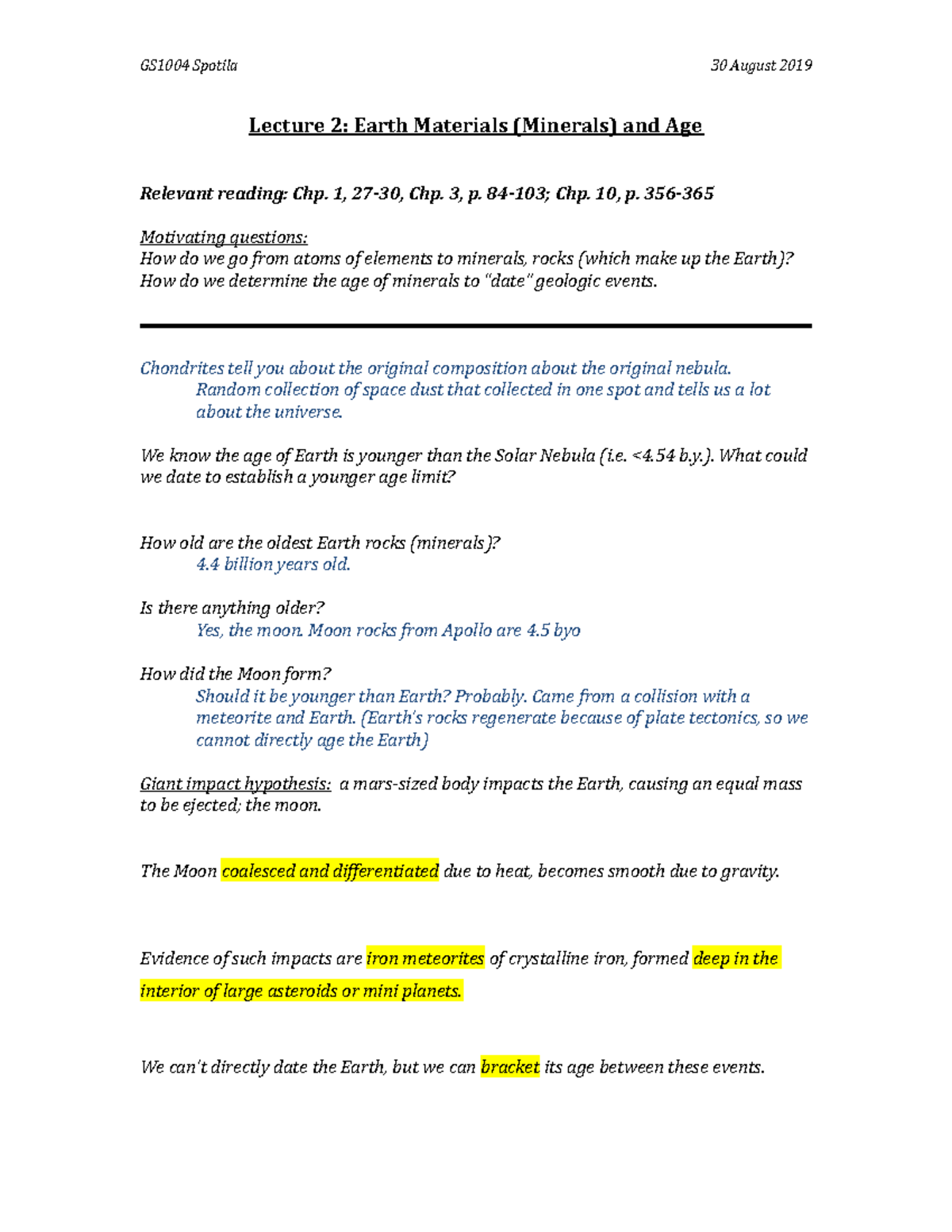 GEOS-Lecture Notes 2 - Lecture 2: Earth Materials (Minerals) and Age ...