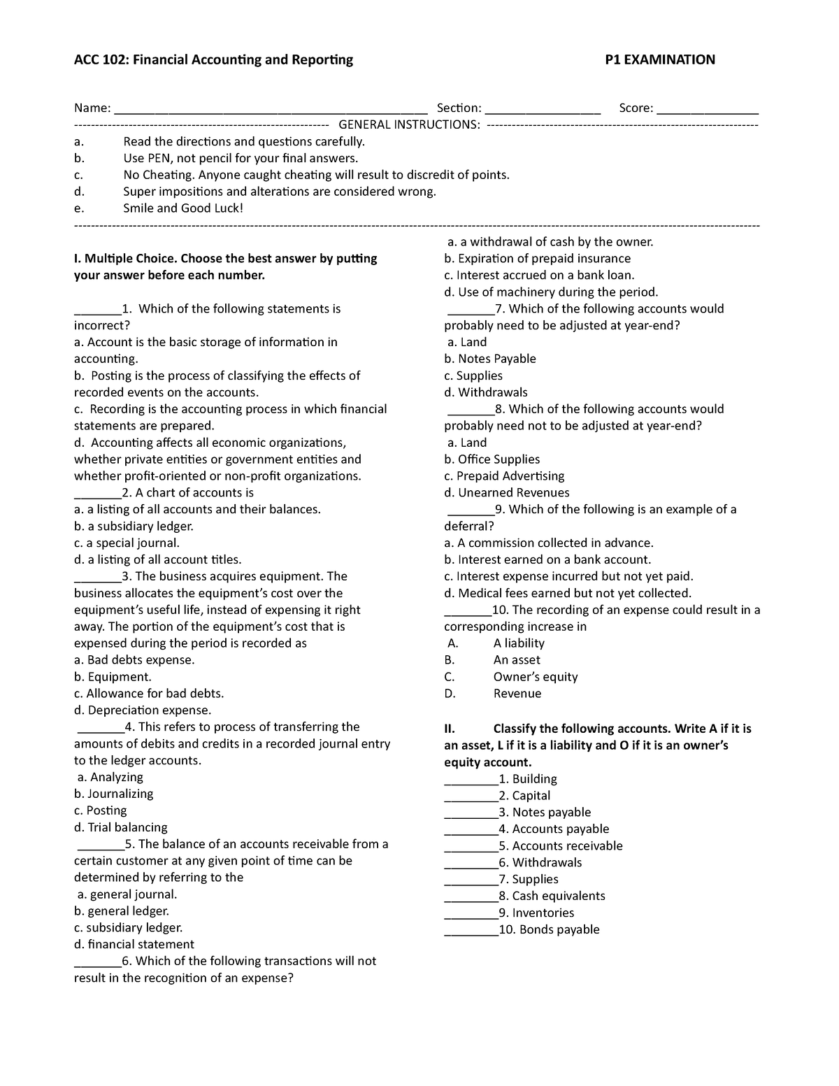 ACC 102 P1 EXAM PAGE 1 - Fundamental Of Accounting - ACC 102: Financial ...