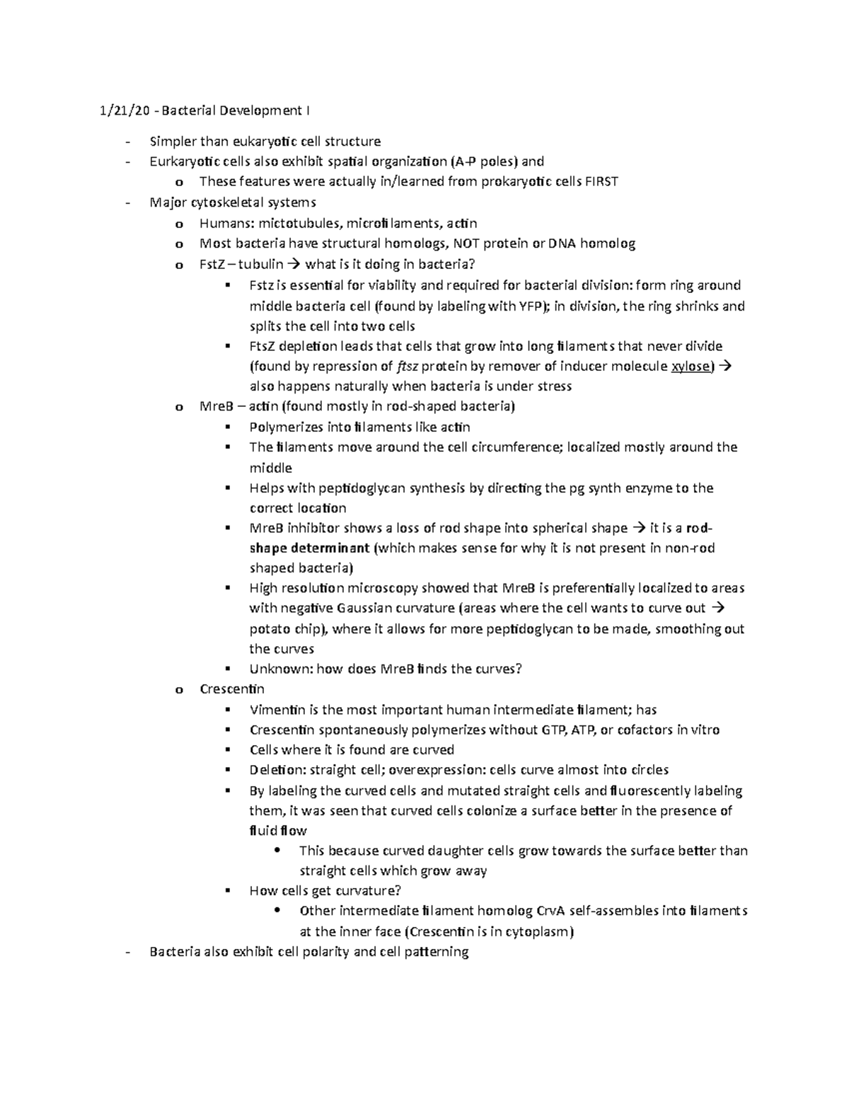 Microbiology 0121 Lecture notes 3 1/21/20 Bacterial Development