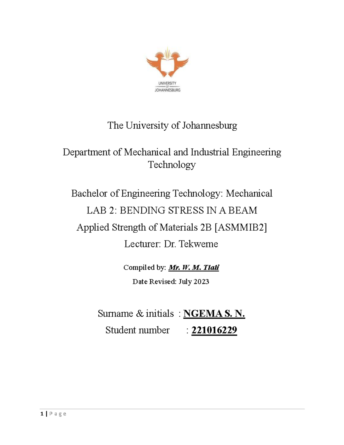 LAB 2 Applied Strenght of Material The University of Johannesburg