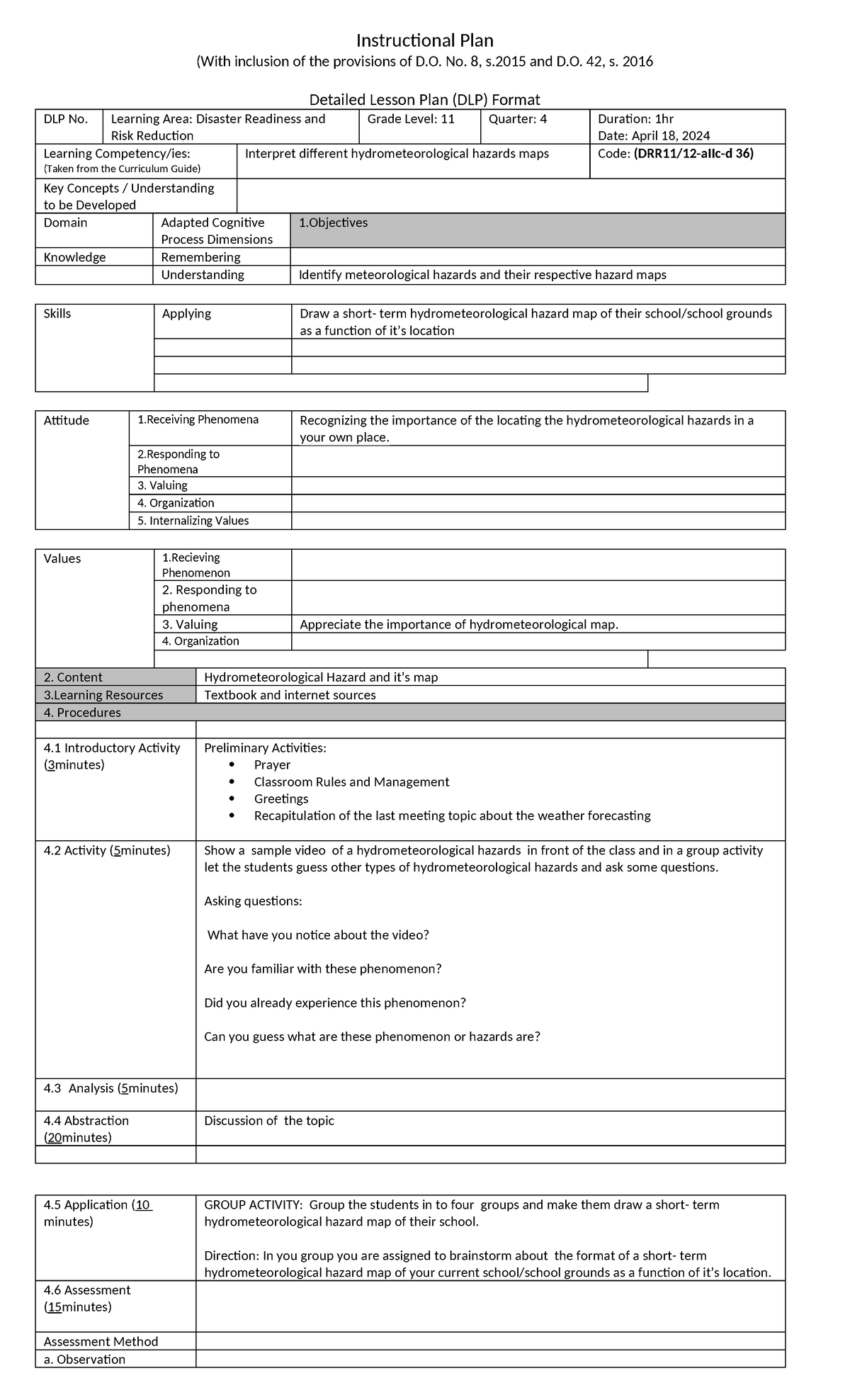 DRRR LESSON PLAN- HYDROMETEOROLOGICAL HAZARD - Instructional Plan (With ...