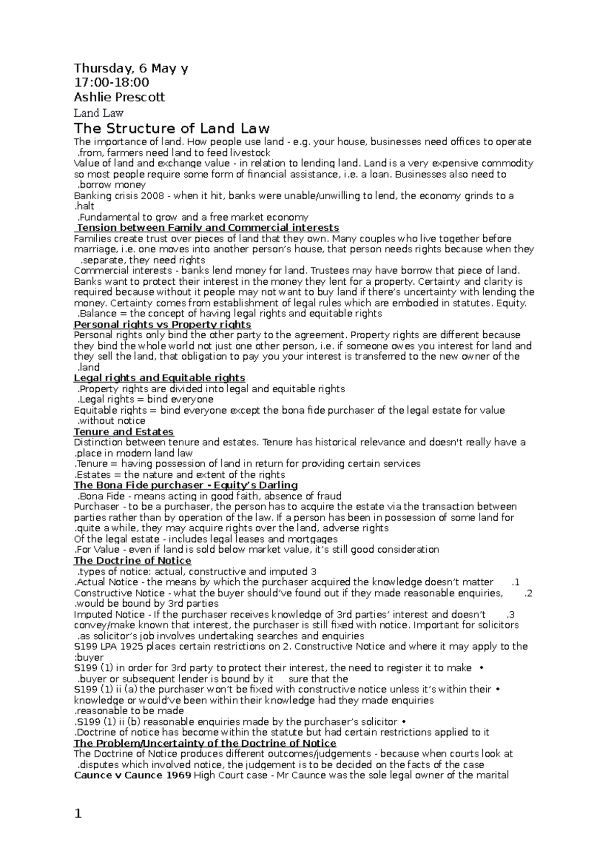 L3. Land Law 2 Oct 5-6 - Lecture notes 3 - Sunday, 25 April y 17:00-18 ...