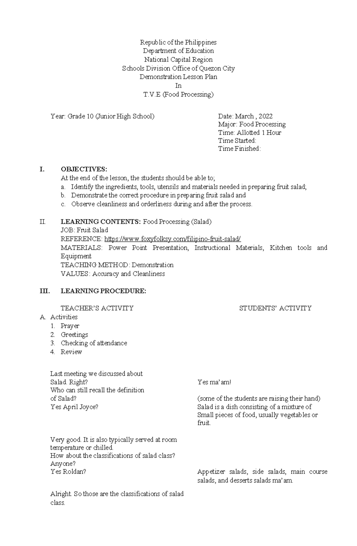 Fruit Salad Lesson PLAN QC Republic of the Philippines Department of