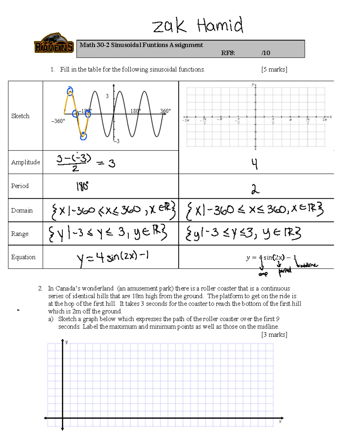 Sinusoidal Function Assignment - x y Math 30-2 Sinusoidal Funtions ...