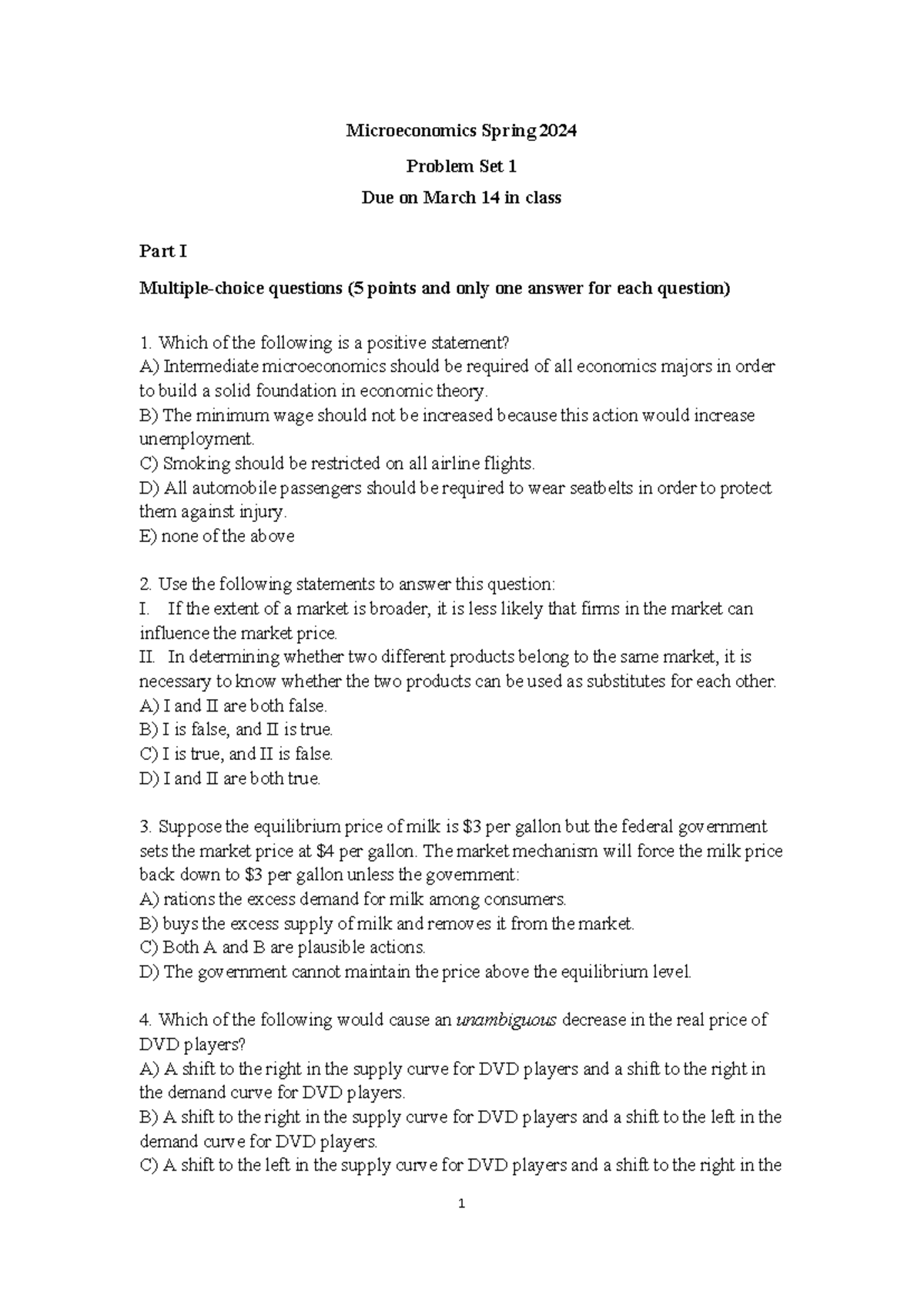HW1 - Microeconomics - 1 Microeconomics Spring 202 4 Problem Set 1 Due ...