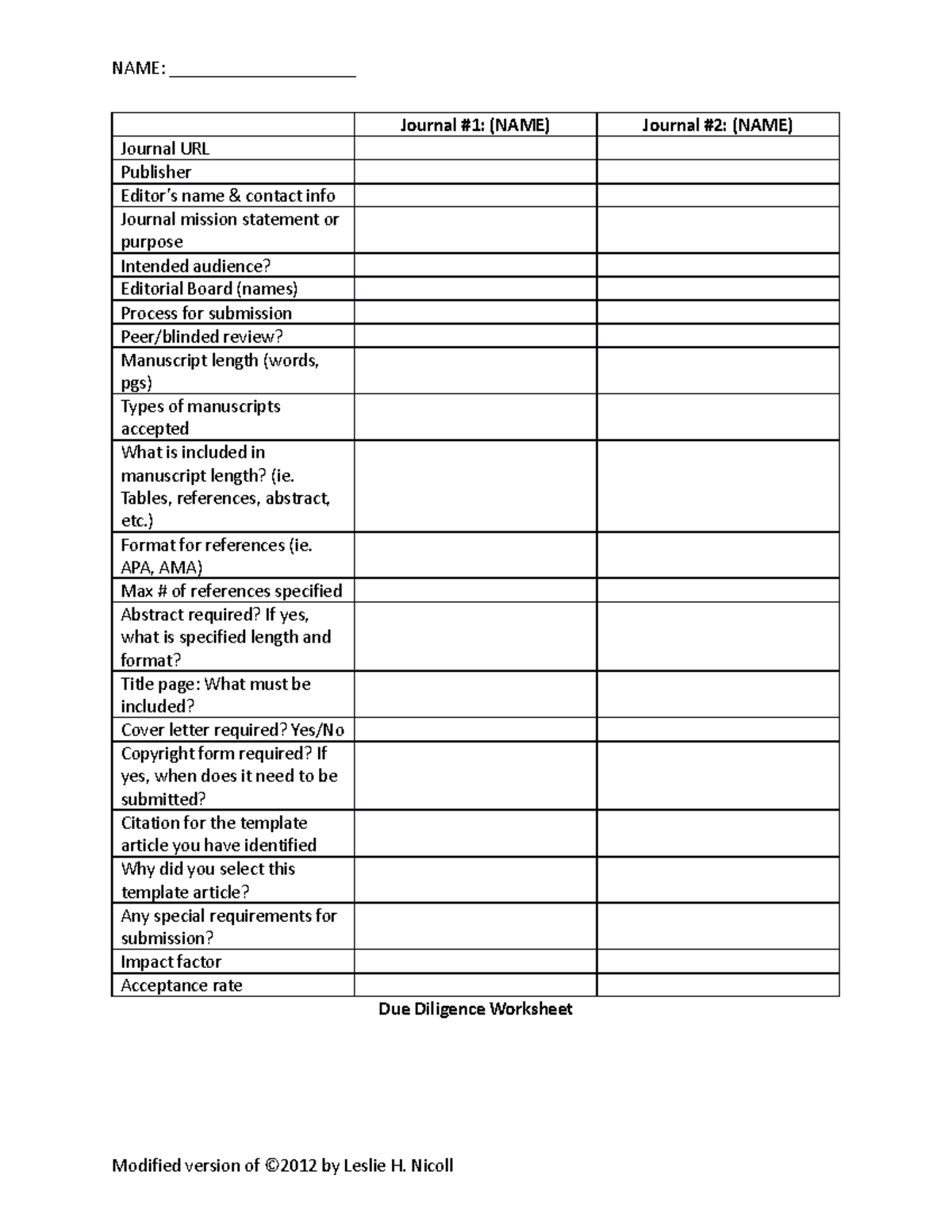 Due Diligence Worksheet 2 NAME ____________________ Journal 1