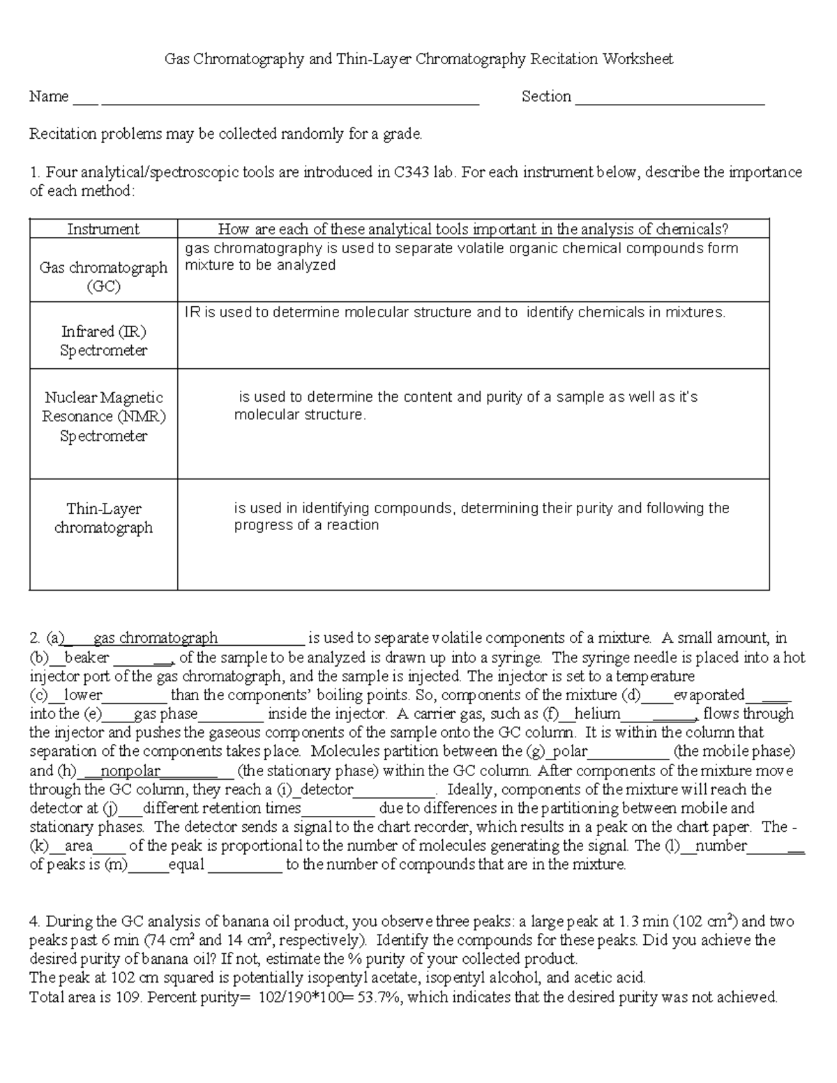 GC and TLC Worksheet Gas Chromatography and ThinLayer Chromatography