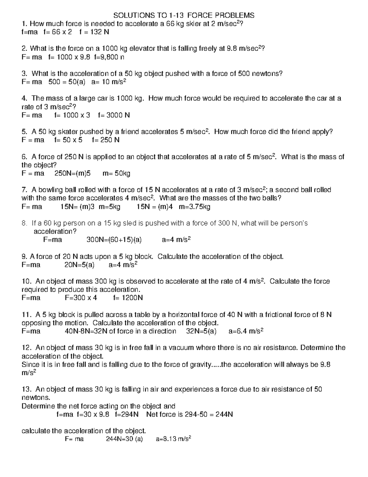 Handout sample problem for physical science - SOLUTIONS TO 1-13 FORCE ...