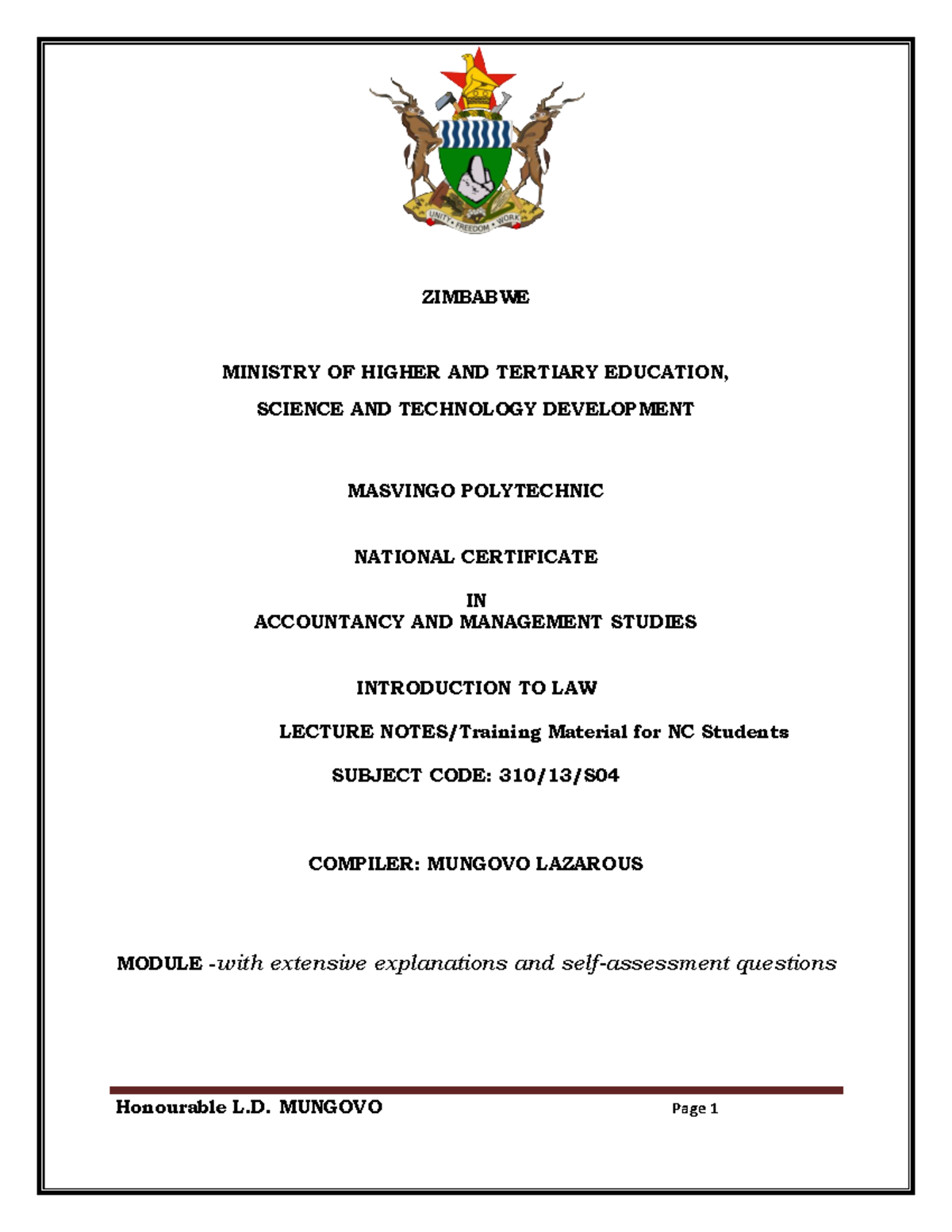 Introduction TO LAW - Module Latest - ZIMBABWE MINISTRY OF HIGHER AND ...