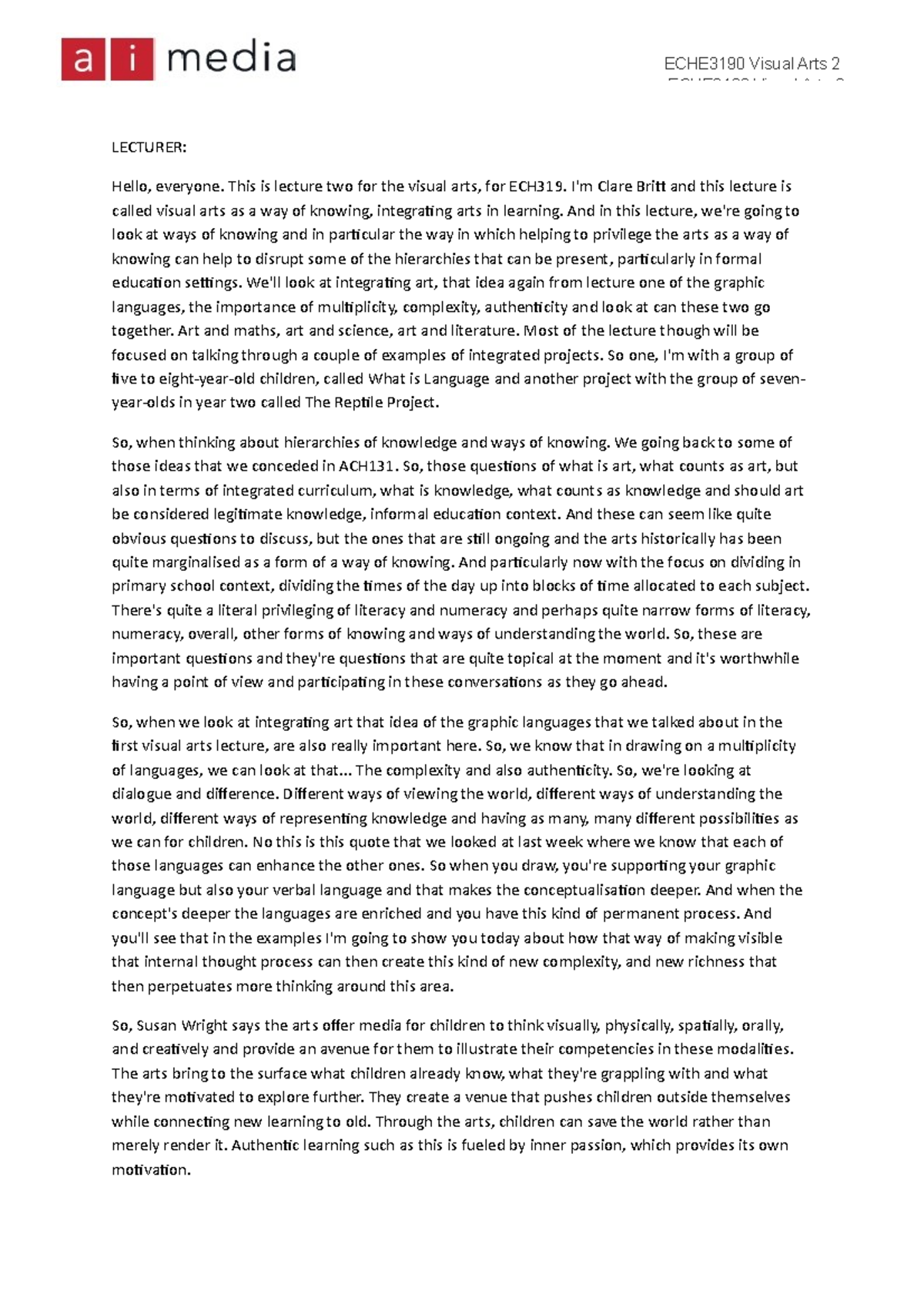 ECHE3190 Visual Arts 2 - Detailed lecture notes - LECTURER: Hello ...