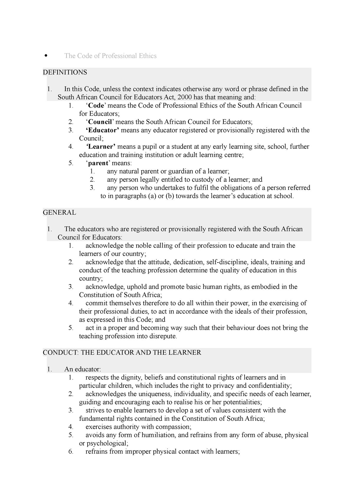 5. SACE code of ethics - Educational law - The Code of Professional ...