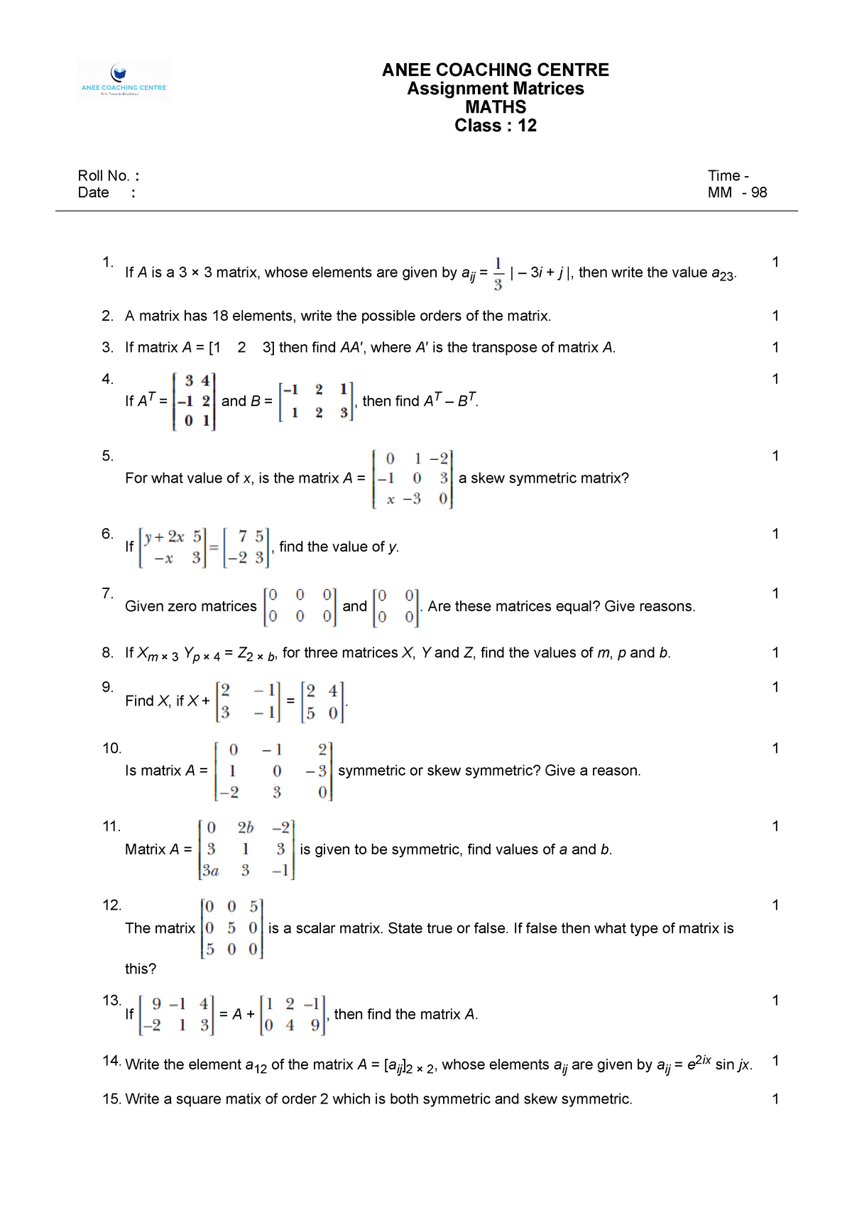 mathematics assignment class 12