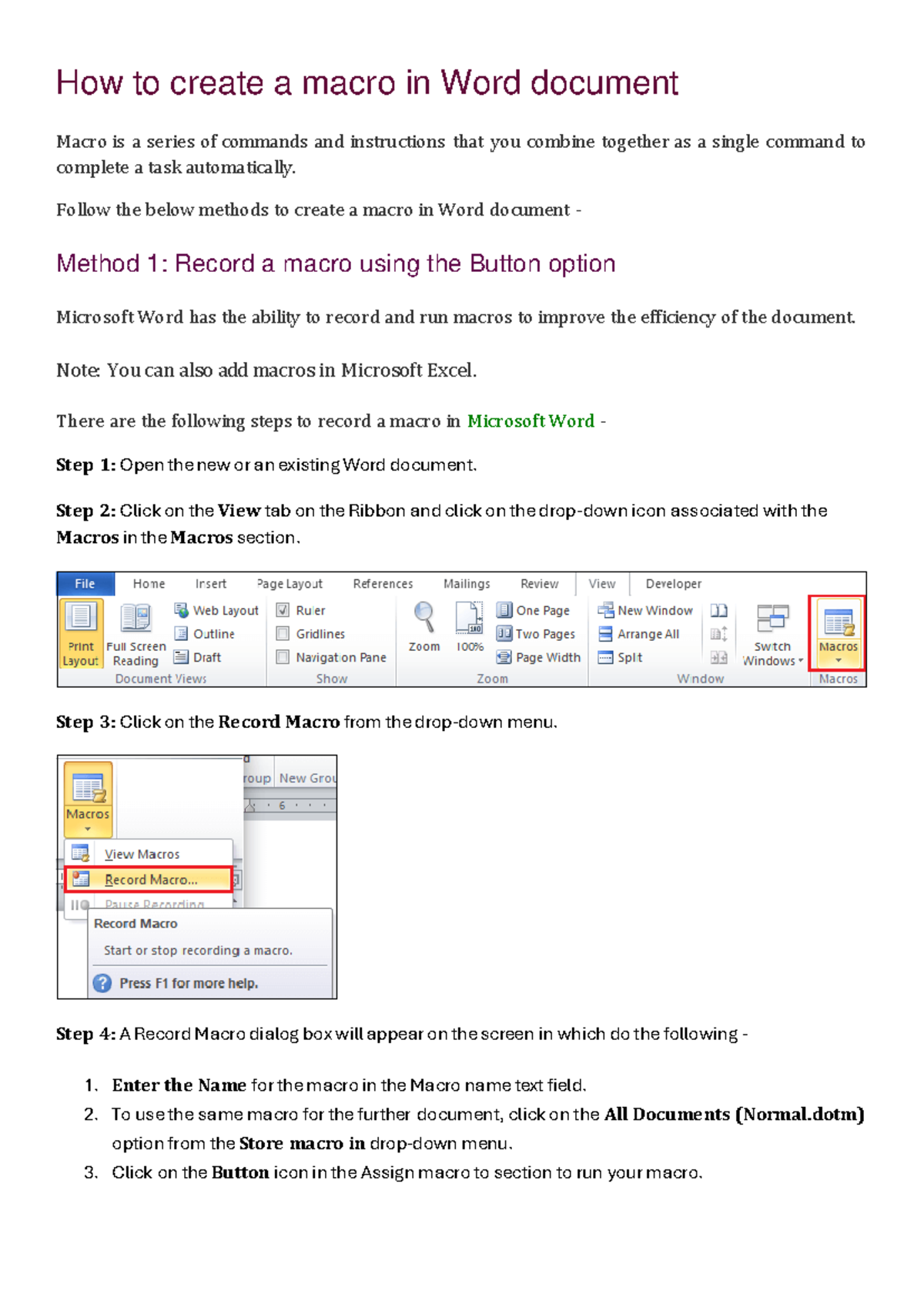 MS Word - How to create a macro in Word document Macro is a series of ...