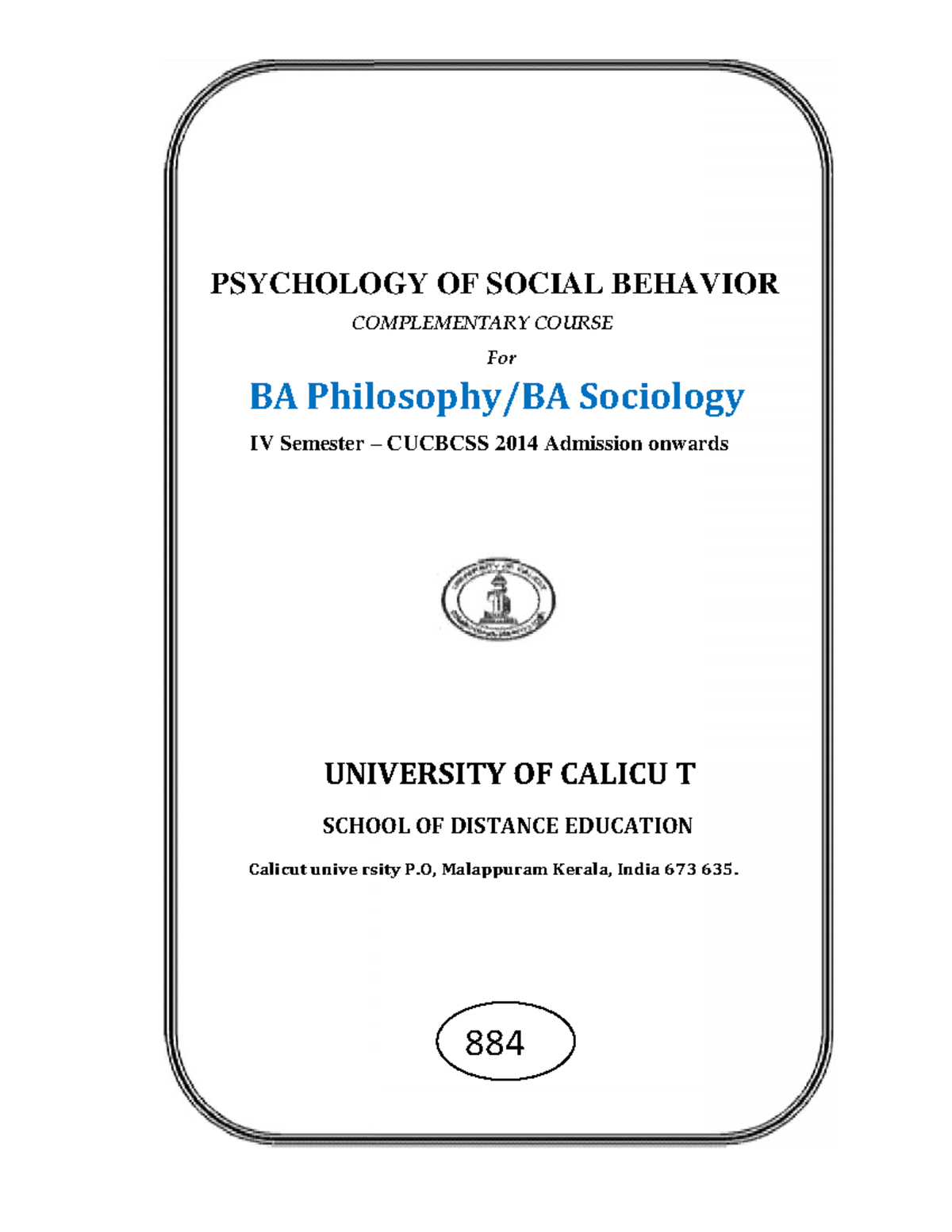 Ex4436 Psychology Of Social Behaviour For Ba Sociology Calicut ...