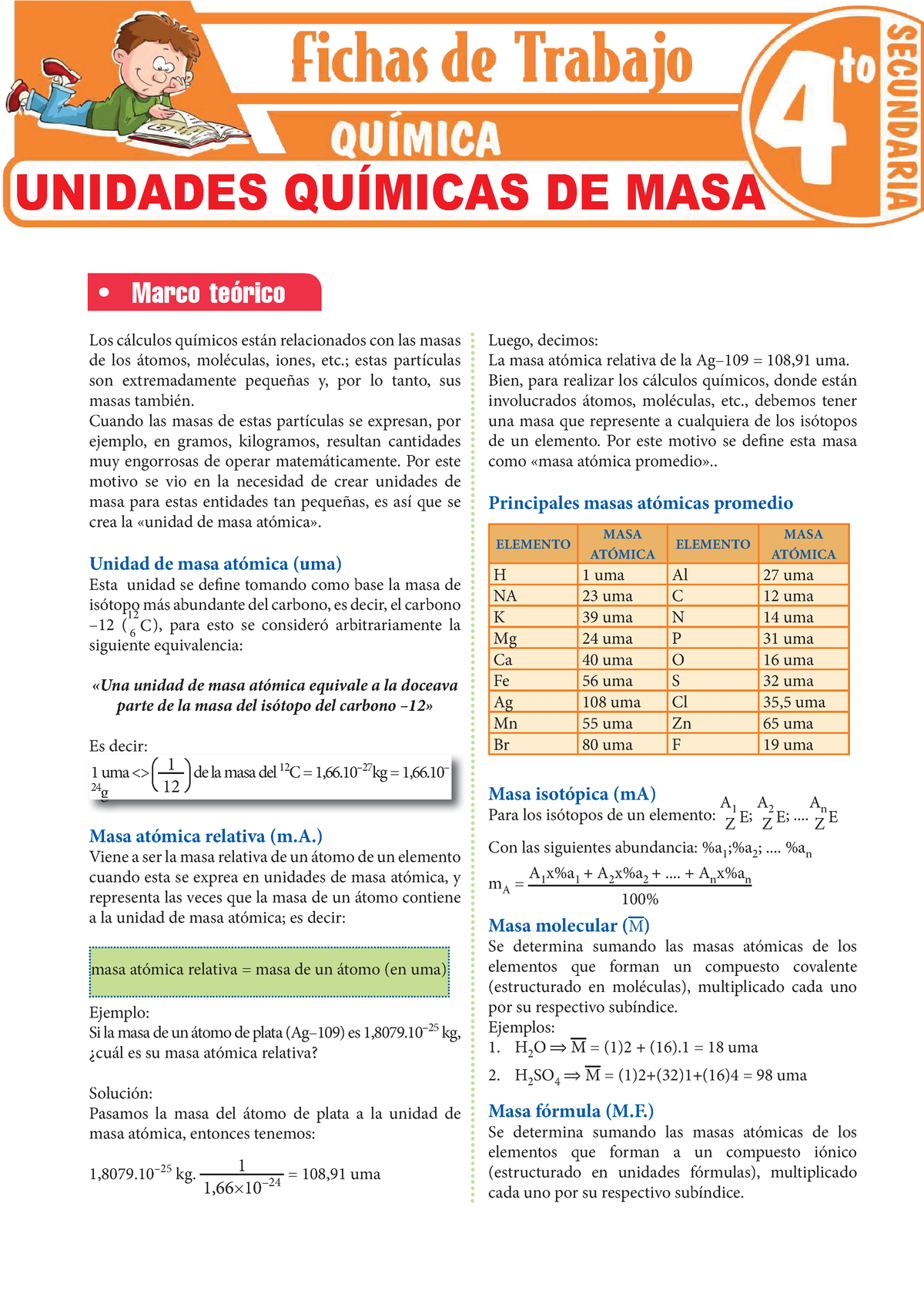 Unidades Quimicas De Masa Para Cuarto Grado De Secundaria Los Cálculos Químicos Están 1527