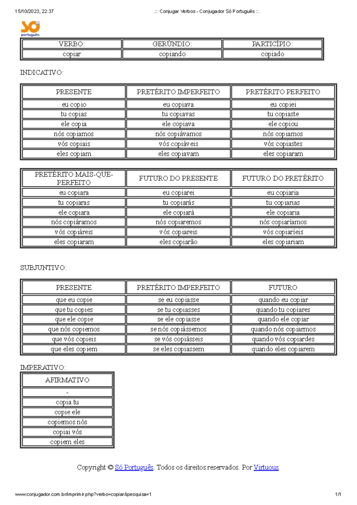 Verbo Copiar - 15/10/2023, 22:37 .:: Conjugar Verbos - Conjugador Só ...