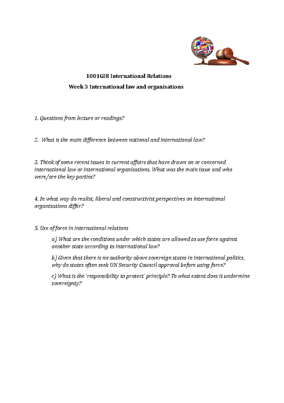 Week 3 - Week 3 Workshop Worksheet - 1001GIR International Relations ...