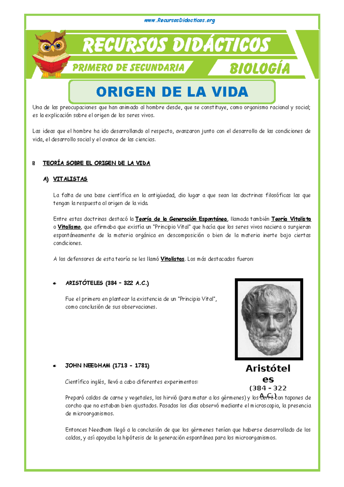 El Origen de la Vida para Primero de Secundaria - ORIGEN DE LA VIDA Una ...