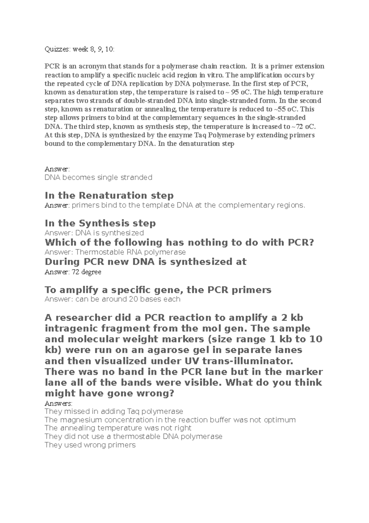 Quizzes answers prac Quizzes week 8, 9, 10 PCR is an acronym that