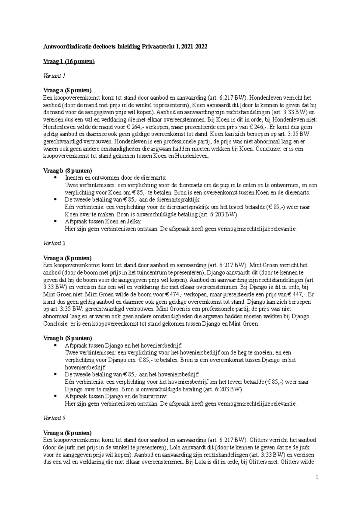 Antwoordindicatie Deeltoets Inleiding Privaatrecht I 2021-2022 - 6:217 ...