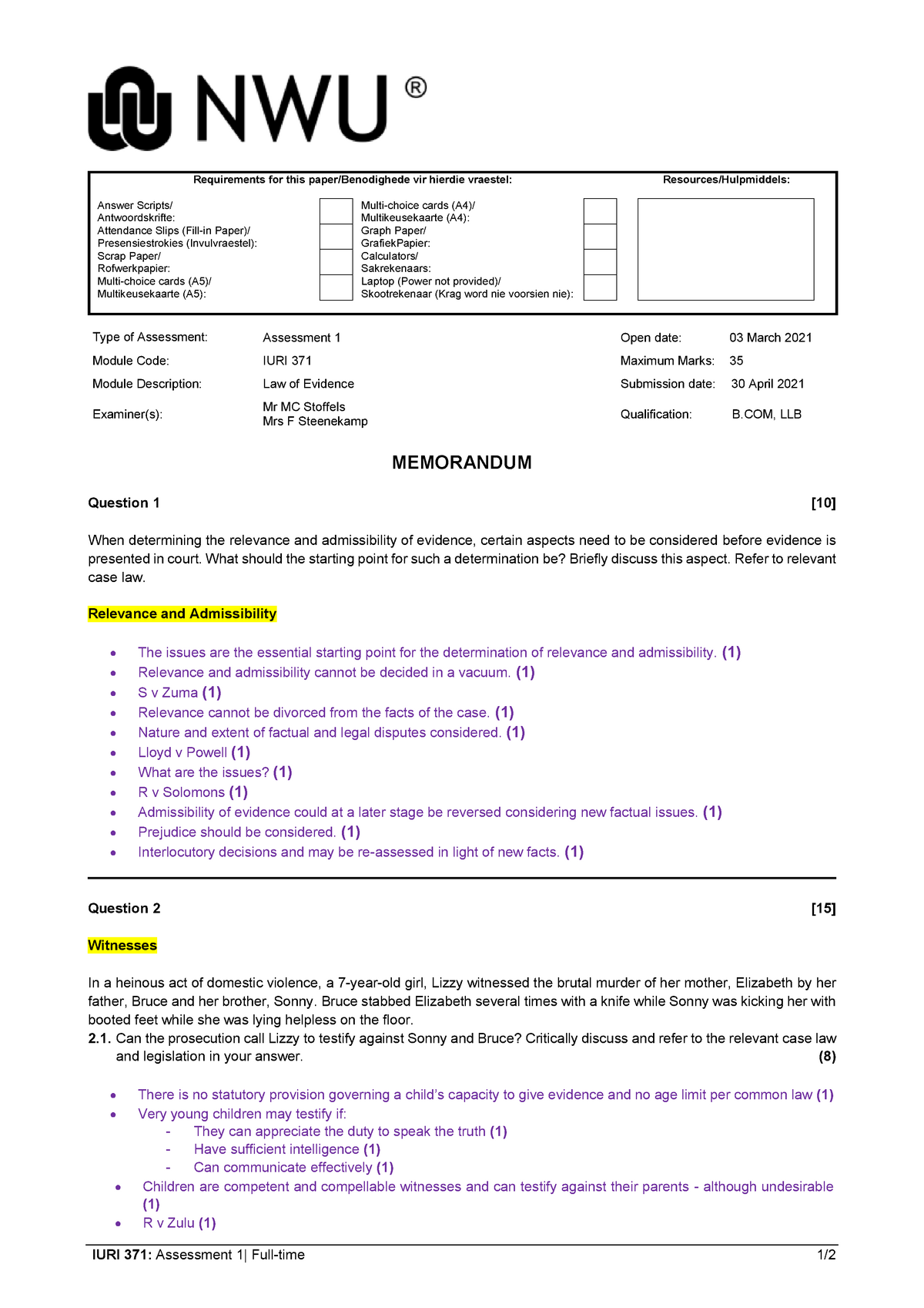 8.1.7.1.2 - 2021 - IURI 371 - Assessment 1 Memorandum - MC/PC/VTC 16 ...