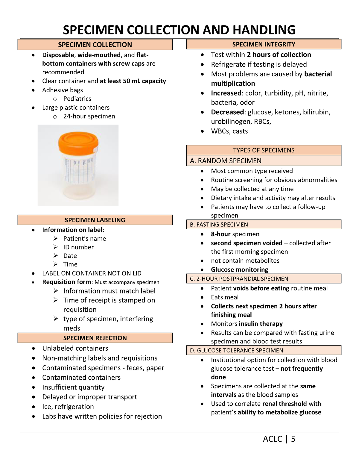 Specimen Collection SPECIMEN COLLECTION AND HANDLING ACLC 5