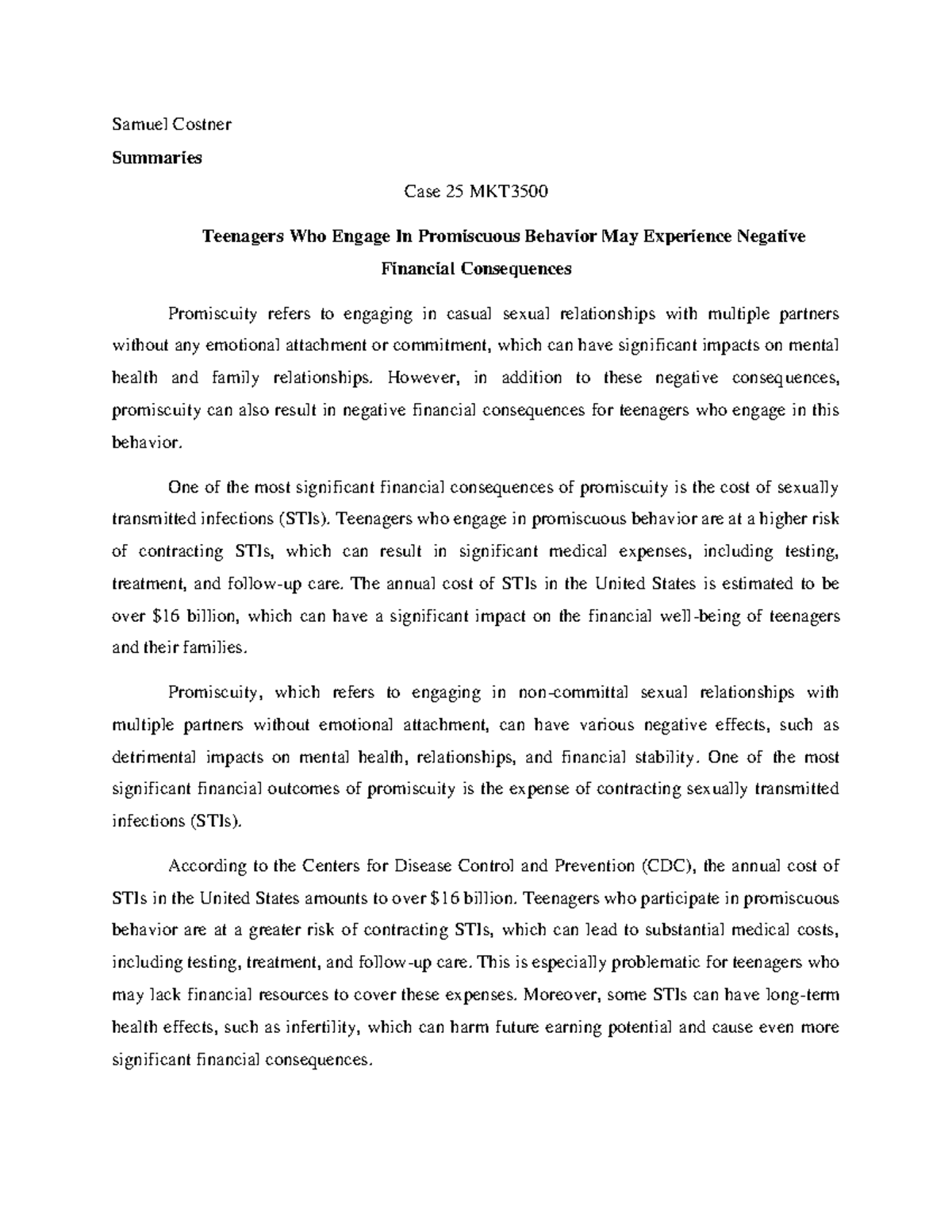 Case 25 MKT3500 - Teenagers Who Engage In Promiscuous Behavior May ...