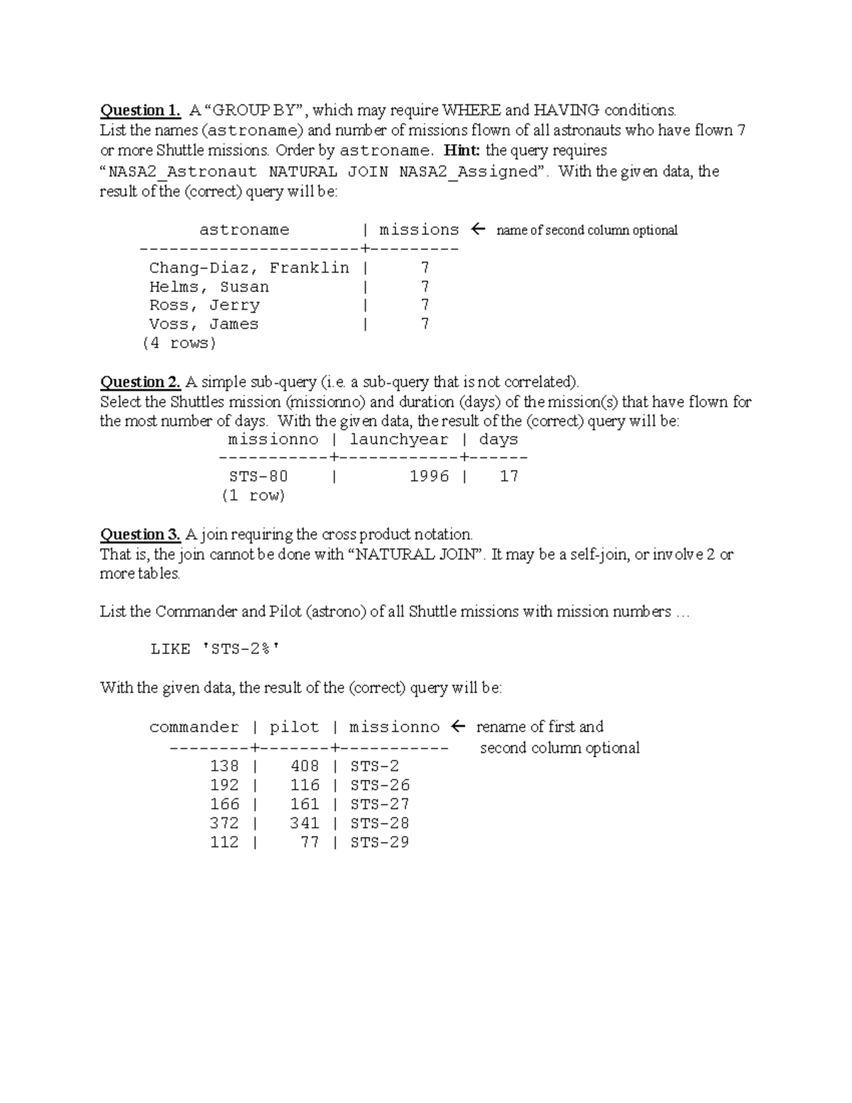 Sample paper for SQL Test 2 - Question 1. A “GROUP BY”, which may ...