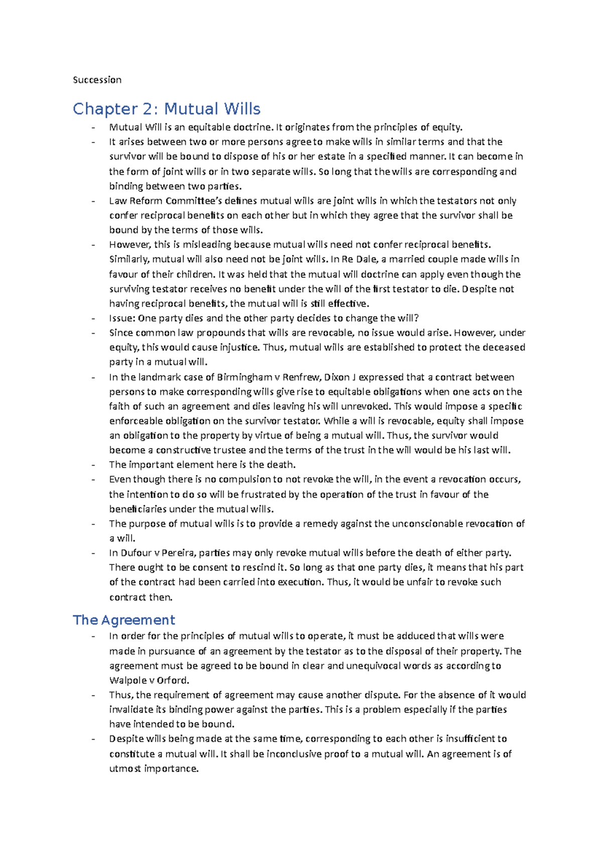Succession Notes - Succession Chapter 2: Mutual Wills Mutual Will is an ...