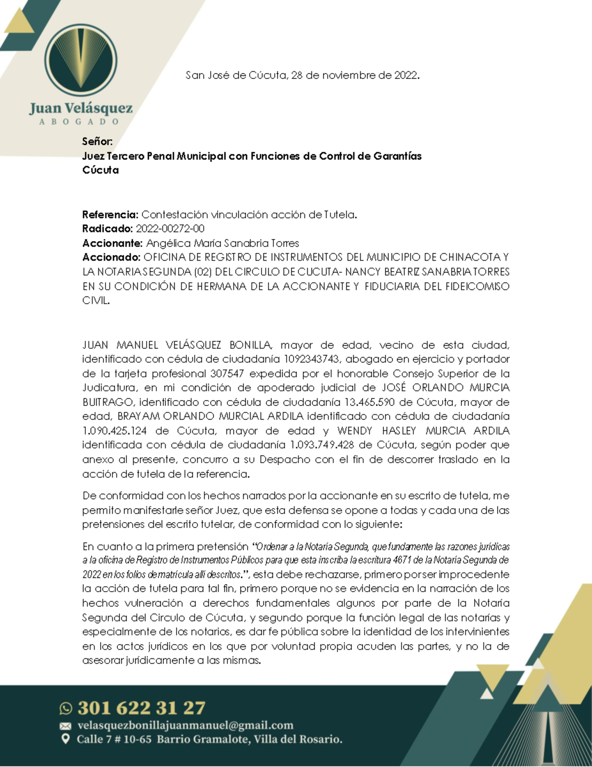 Contestación Tutela - San José de Cúcuta, 28 de noviembre de 2022 ...