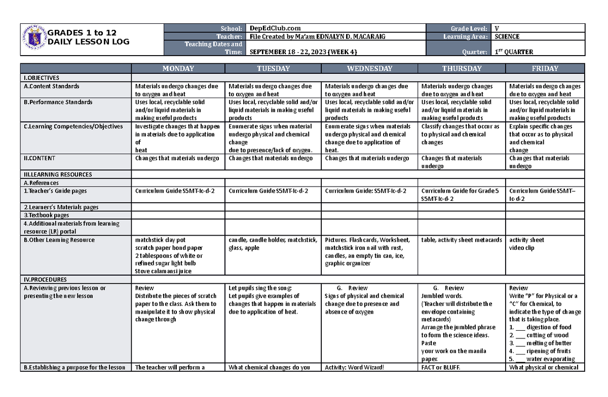 Dll Science 5 Q1 W4 - Mathemetics - Grades 1 To 12 Daily Lesson Log 