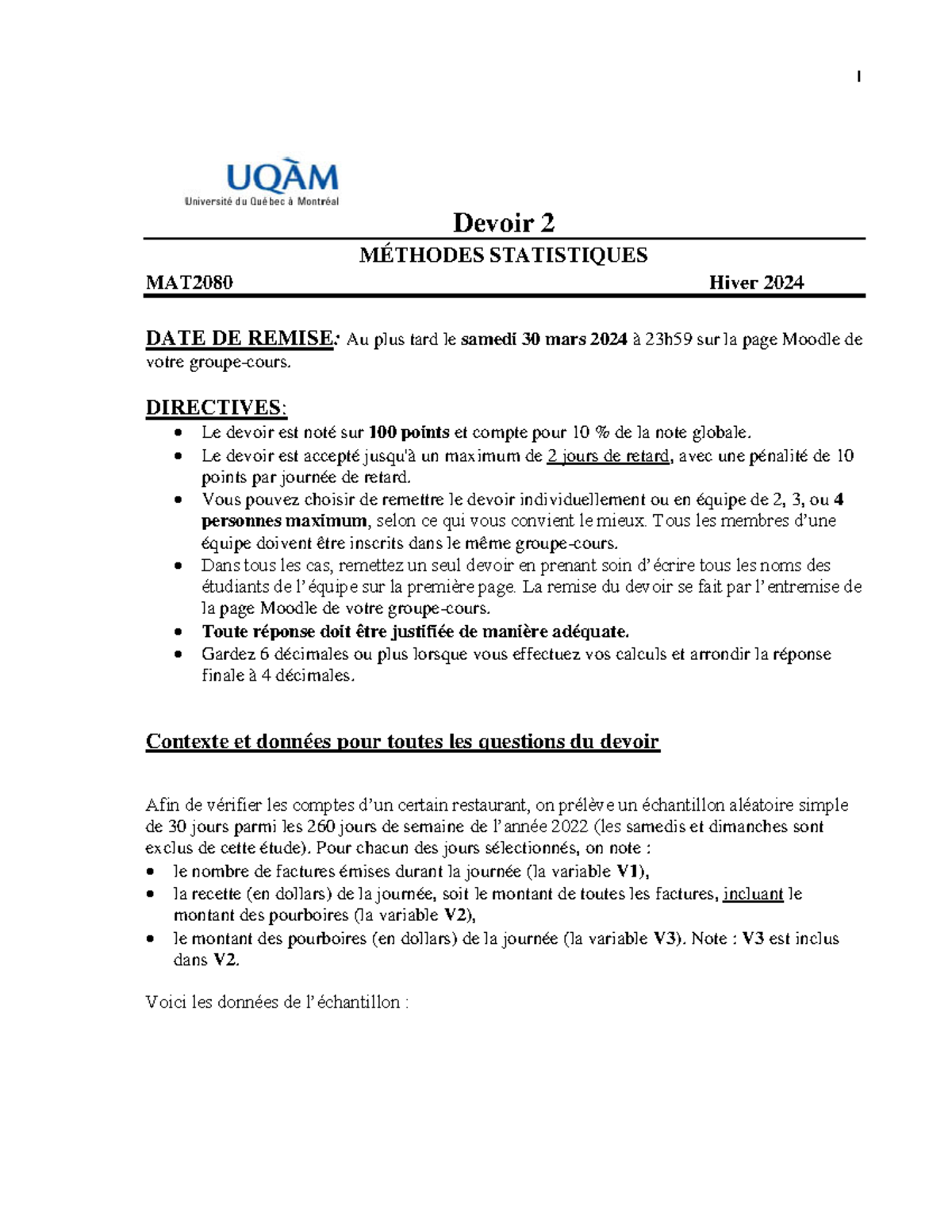 Devoir 2 MAT2080 - Devoir 2 MÉTHODES STATISTIQUES MAT2080 Hiver 2024 ...