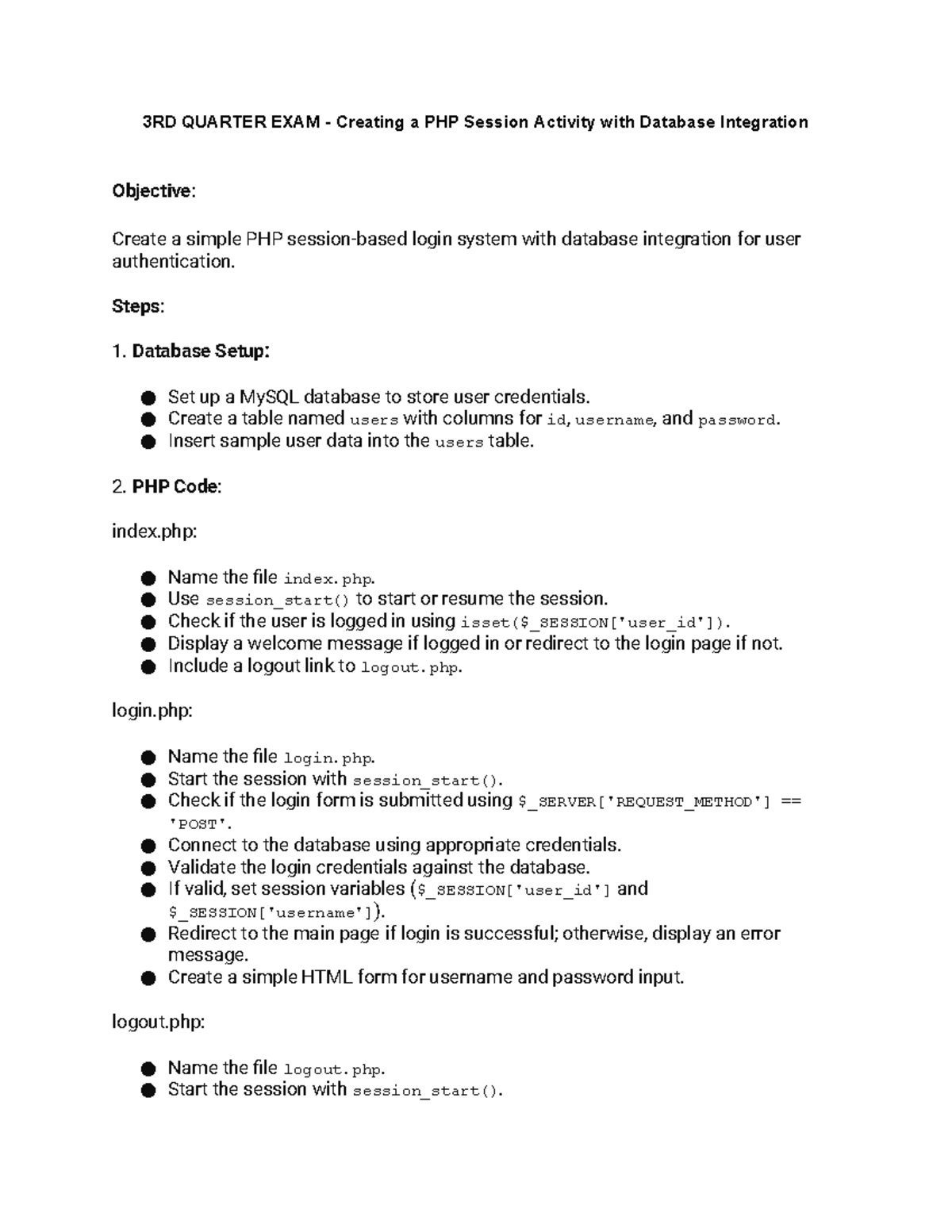 3RD Quarter EXAM - Creating a PHP Session Activity with Database ...