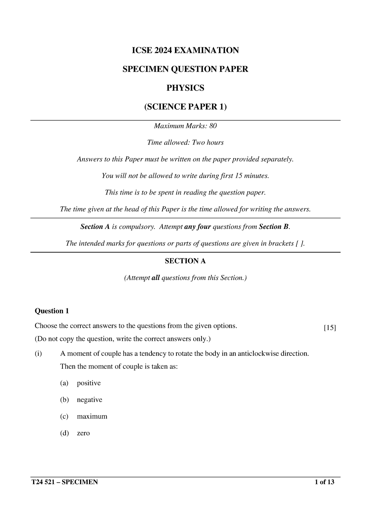 ICSE 2024 Specimen 521 SCI1 ICSE 2024 EXAMINATION SPECIMEN QUESTION