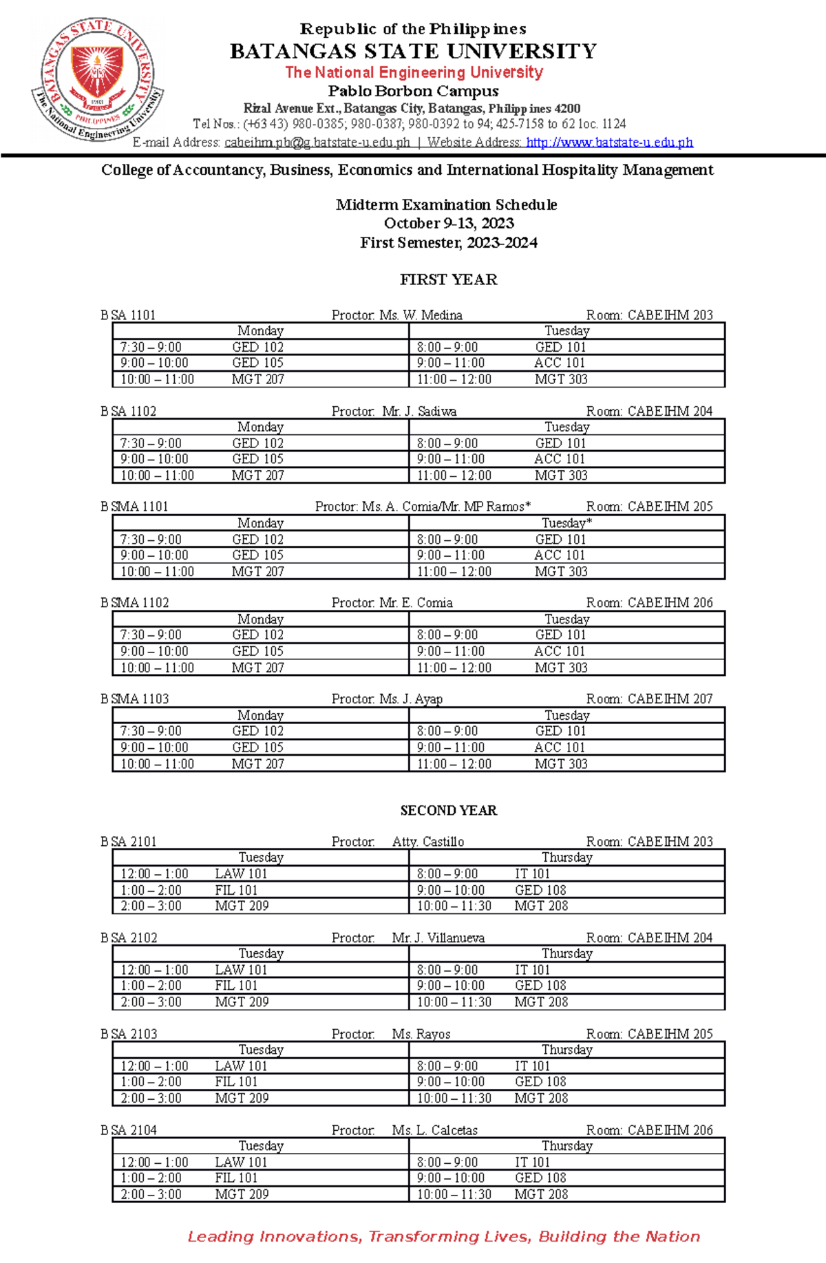 Ama-midterm-sched - Midterms - Batangas State Universit Y The National 