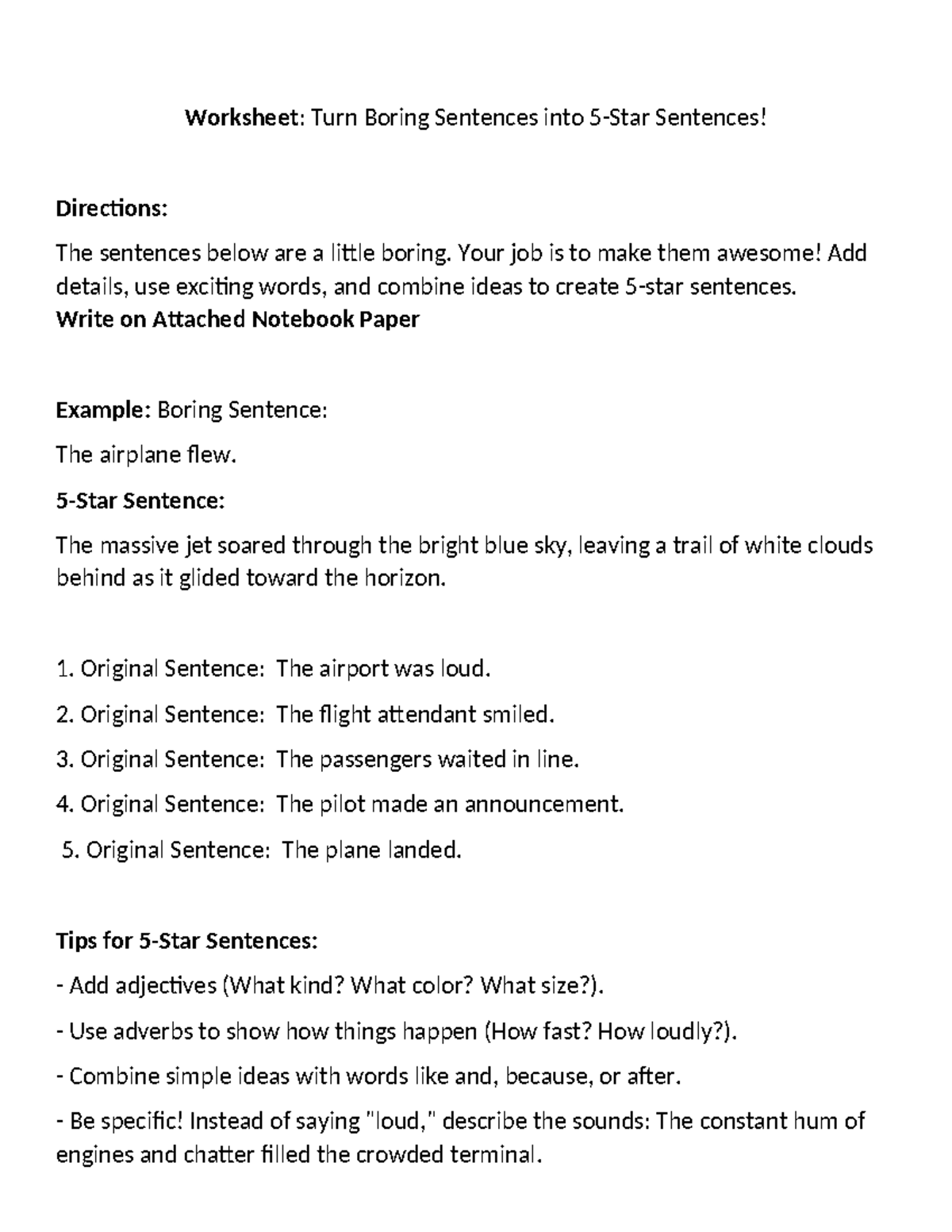 Simple Sentence Homework - Worksheet: Turn Boring Sentences into 5-Star ...