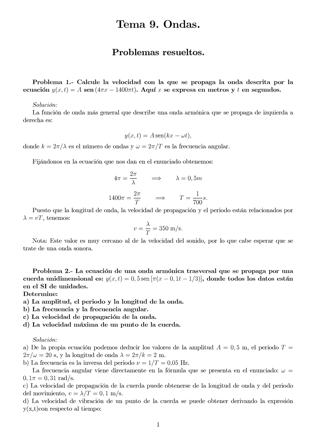 Tema 9 Ondas Ejercicios - Tema 9. Ondas. Problemas Resueltos. Problema ...