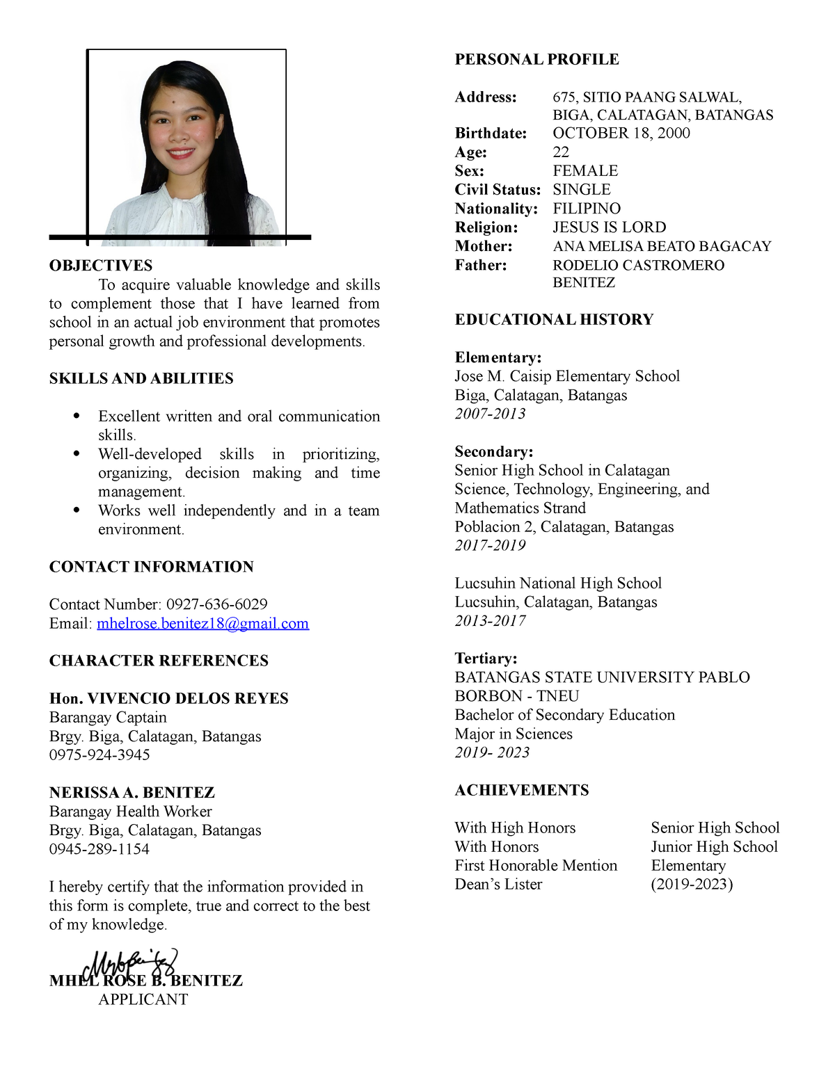 Resume - Benitez - Bachelor of Secondary Education - BatStateU - Studocu