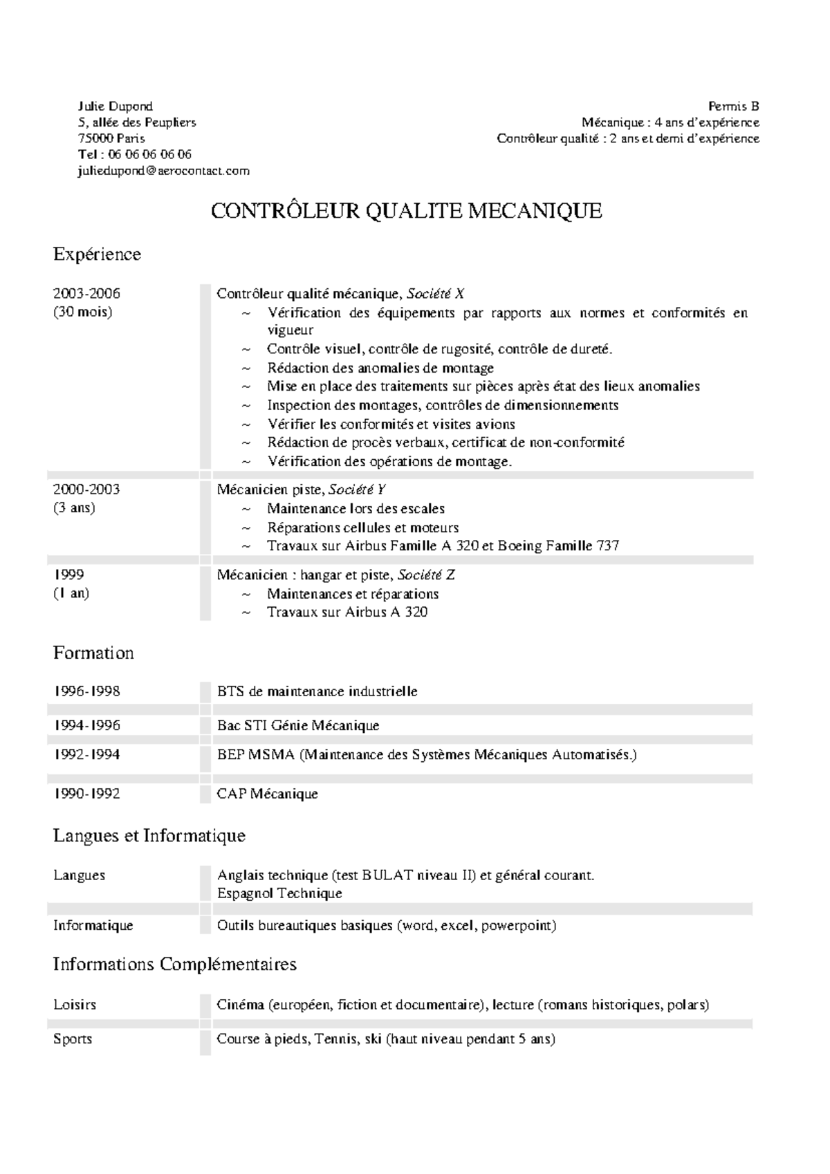 CV Controleur Qualite Julie Dupond 5 All e Des Peupliers 75000 Paris 