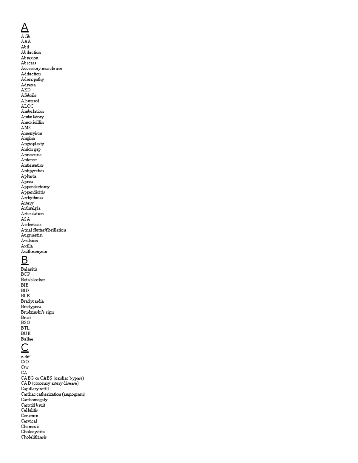 Medical Terminology - A A fib AAA Abd Abduction Abrasion Abscess ...