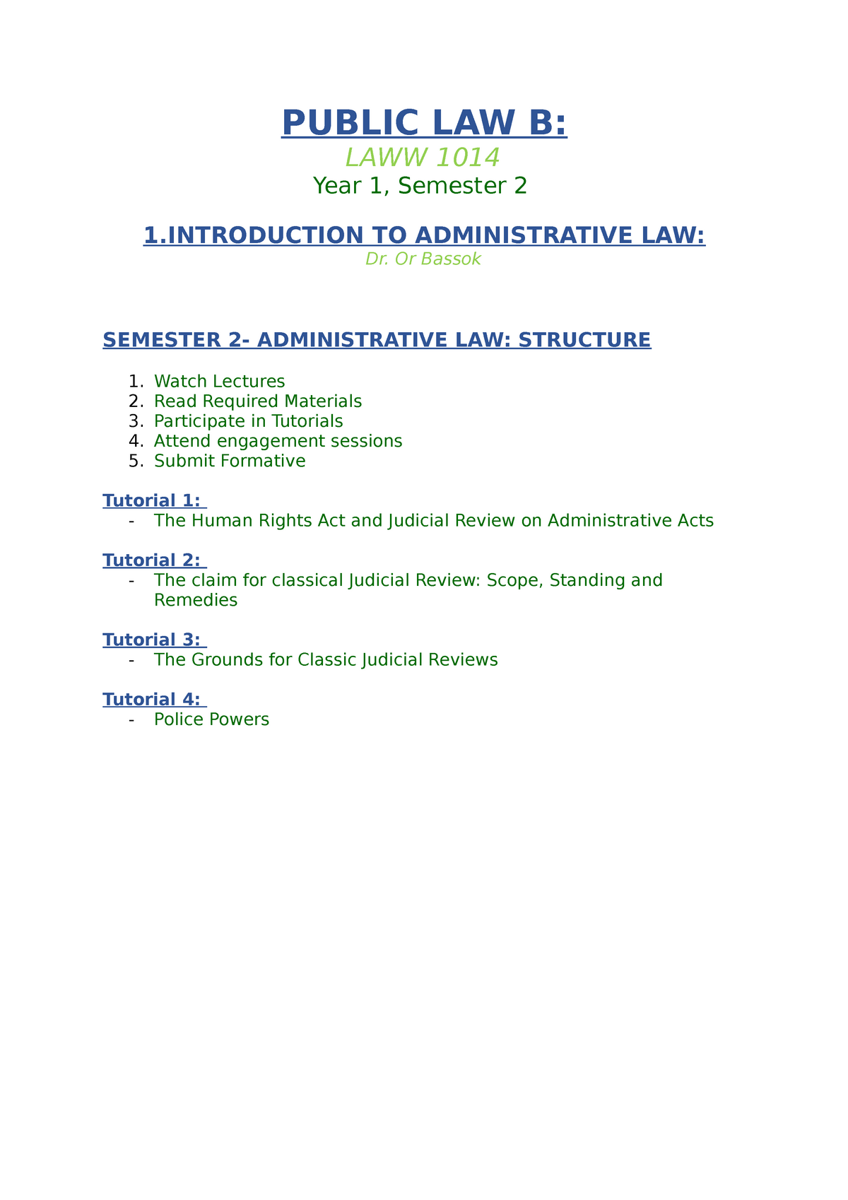 Public Law Notes Semester 2 - PUBLIC LAW B: LAWW 1014 Year 1, Semester ...