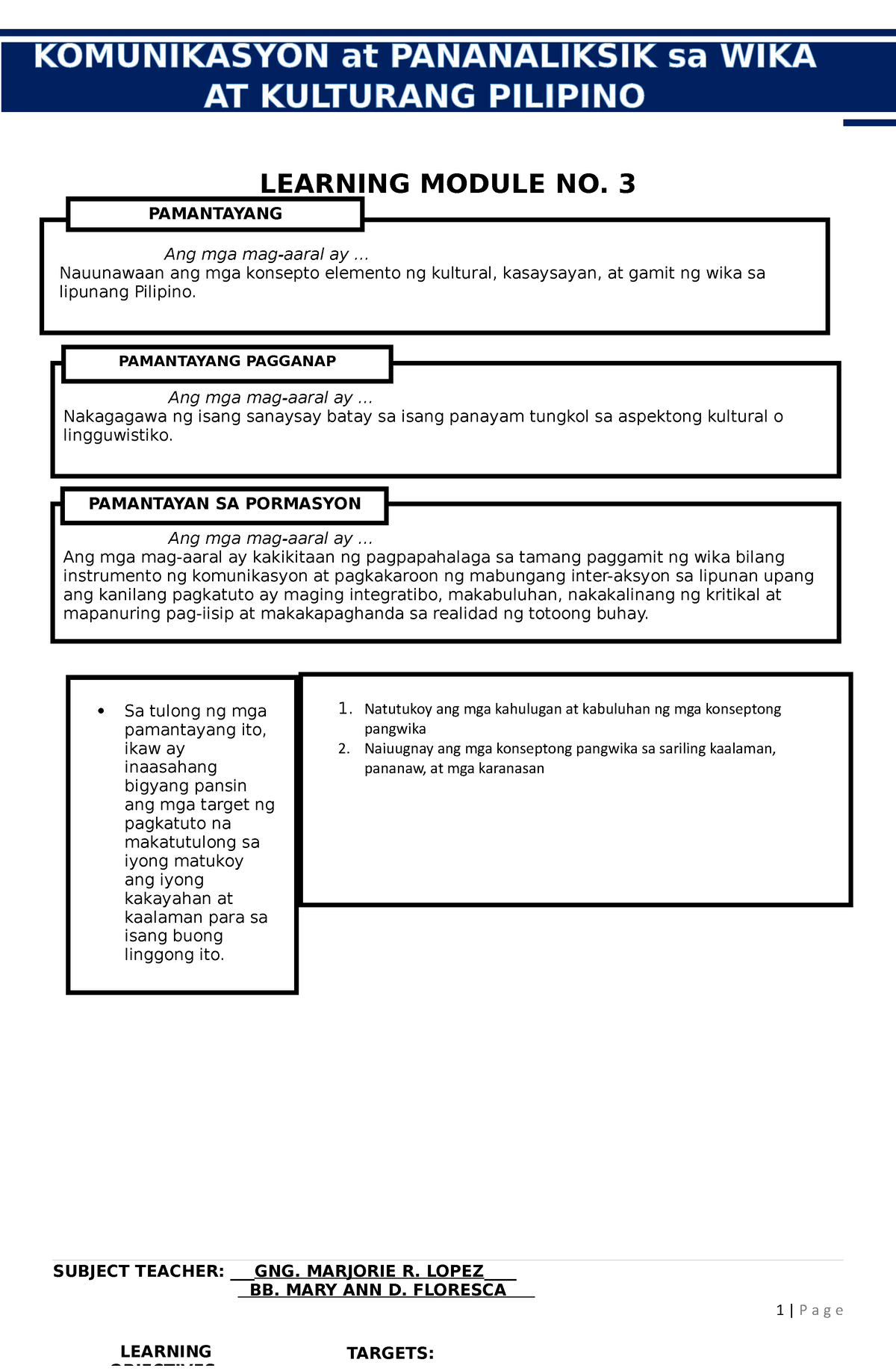 Learning- Module #3 - N/a - LEARNING MODULE NO. 3 SUBJECT TEACHER: GNG ...