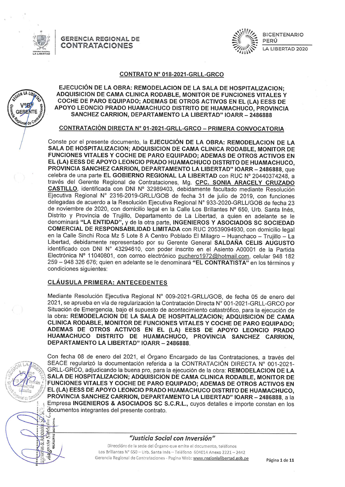 Contrato Nº 018-2021-grll-grco - Direccion Y Administrativa De La 