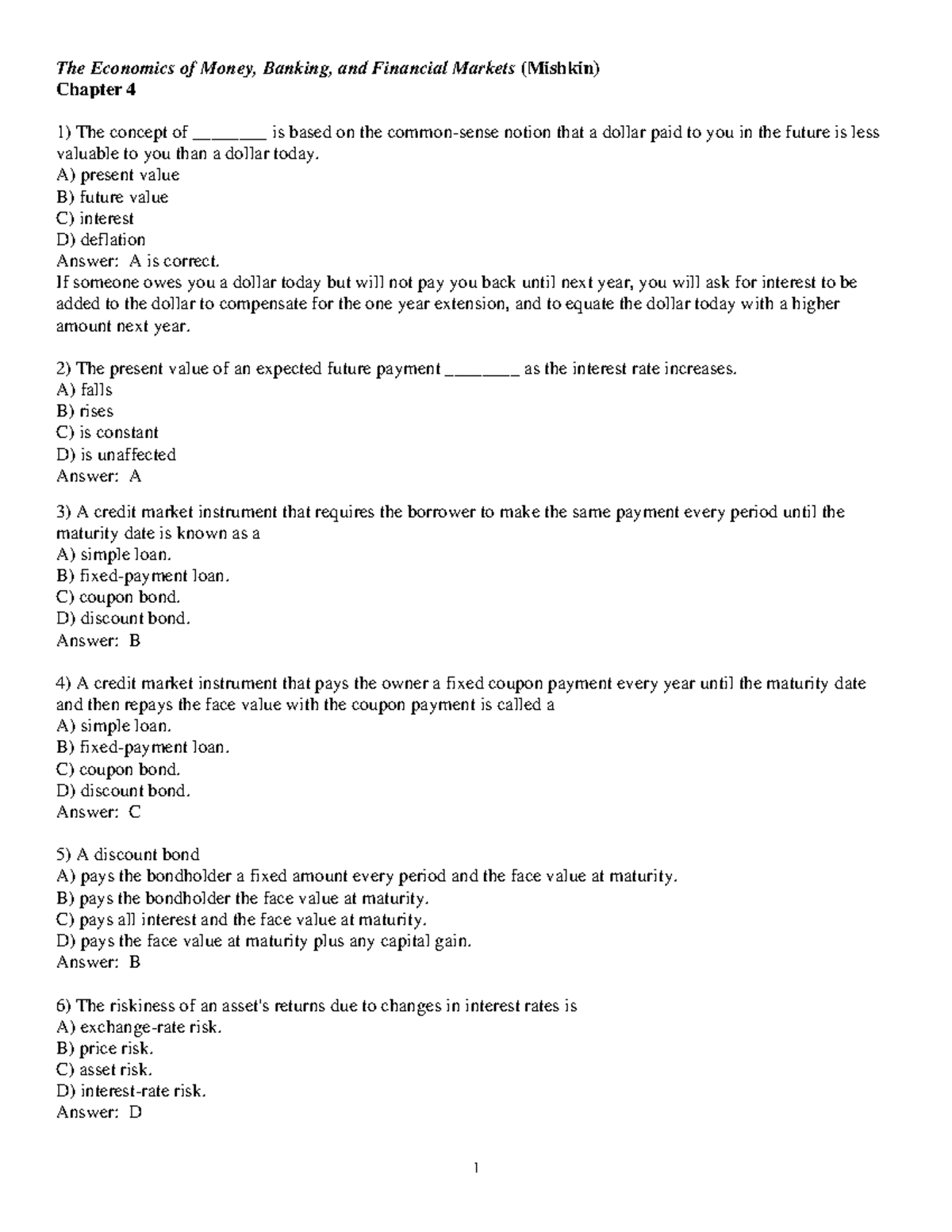 CH 4 Q and A w equations1.v2 (1) 1 The Economics of Money, Banking