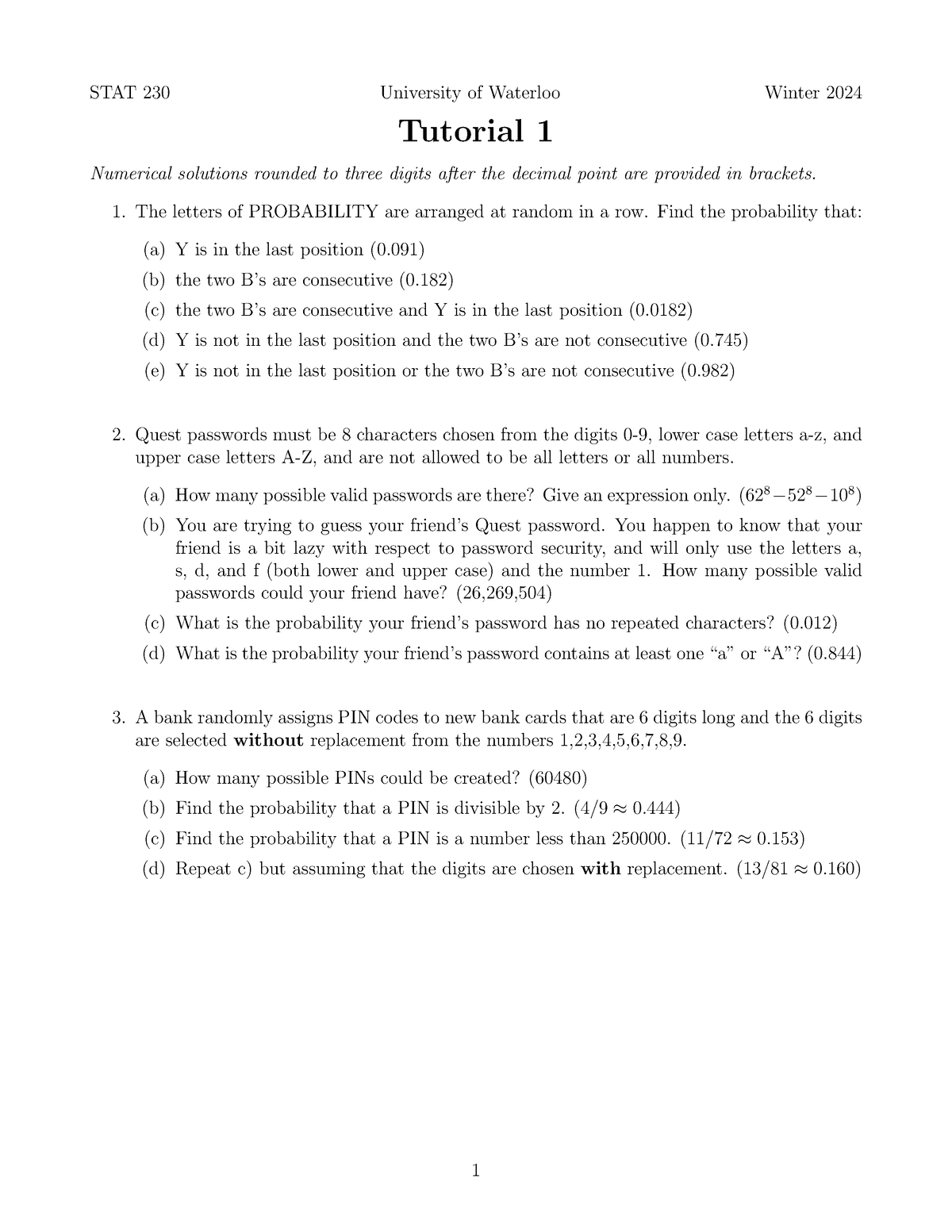 Tut01 updated tutorial 1 STAT 230 University of Waterloo Winter