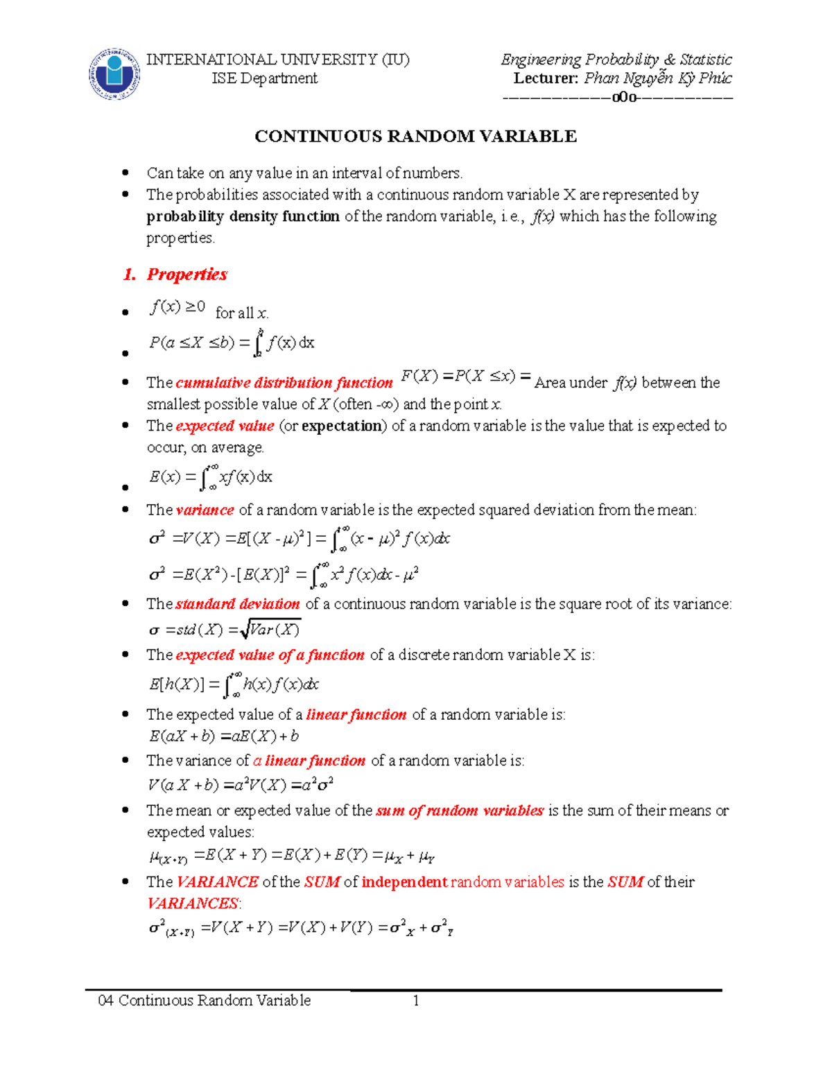 04 Continuous Random Variable - ISE Department Lecturer: Phan Nguyễn Kỳ ...