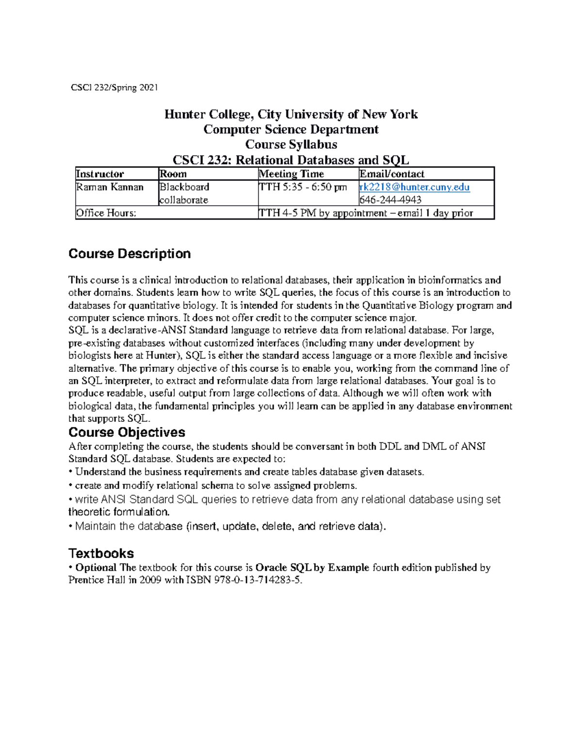 CSCI 232-Syllabus-RK - Syllabus - CSCI 232/Spring 2021 Hunter College ...